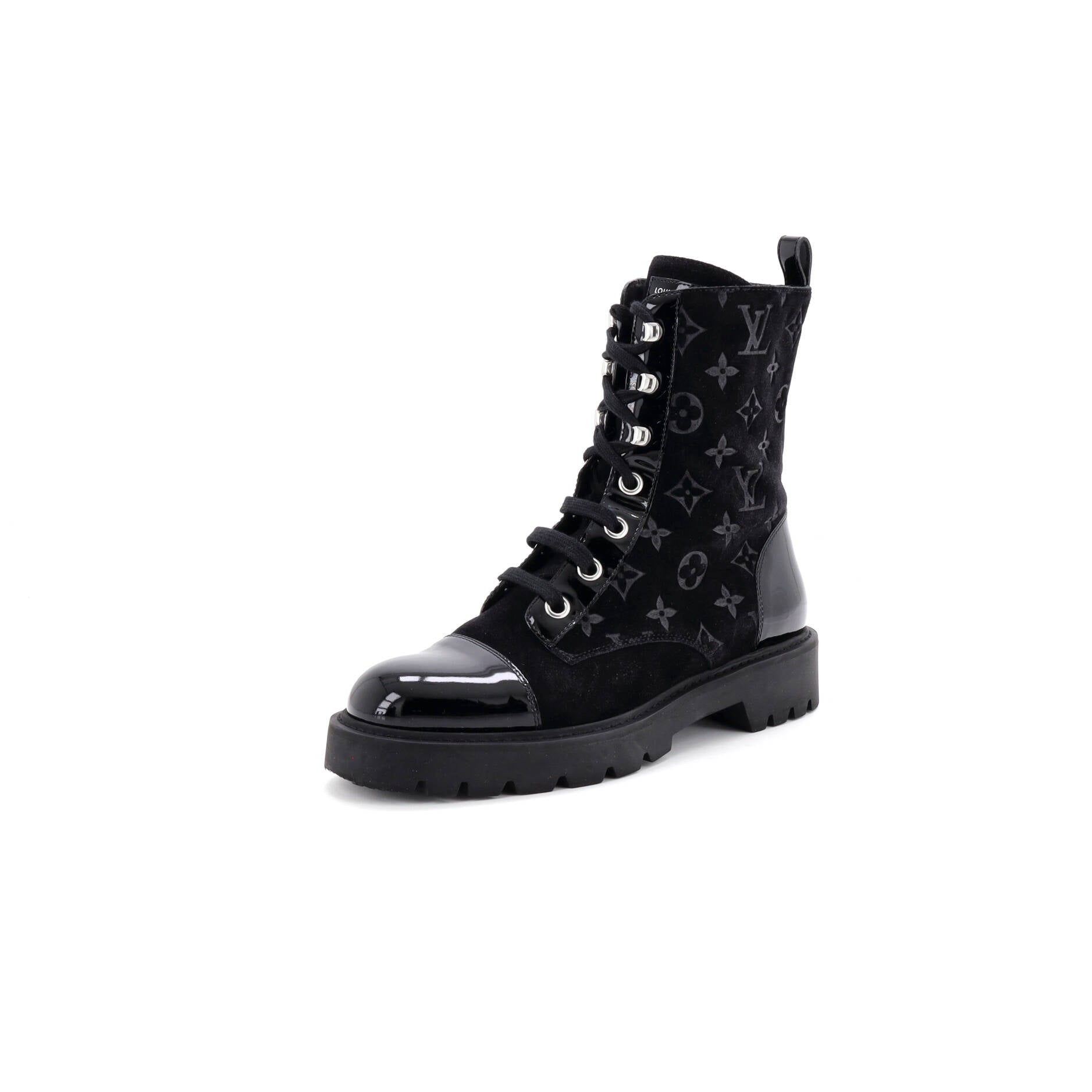 Women's Cap Toe Territory Flat Ranger Boots Monogram Embossed Suede and Patent