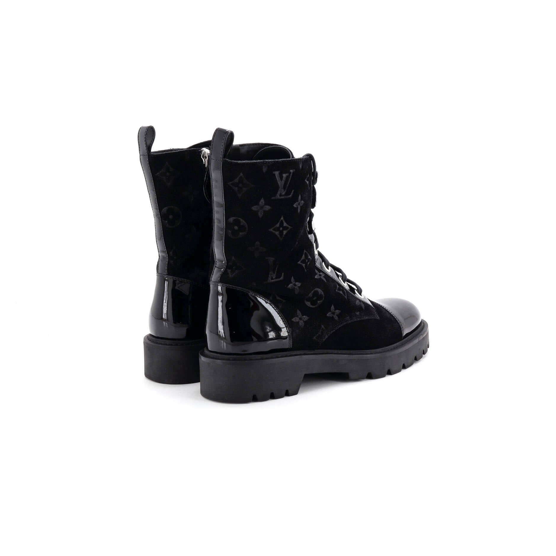Women's Cap Toe Territory Flat Ranger Boots Monogram Embossed Suede and Patent