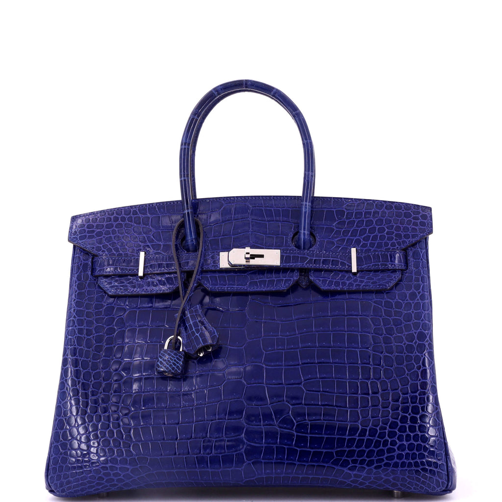Birkin Handbag Bleu Electrique Shiny Porosus Crocodile with Palladium Hardware 35