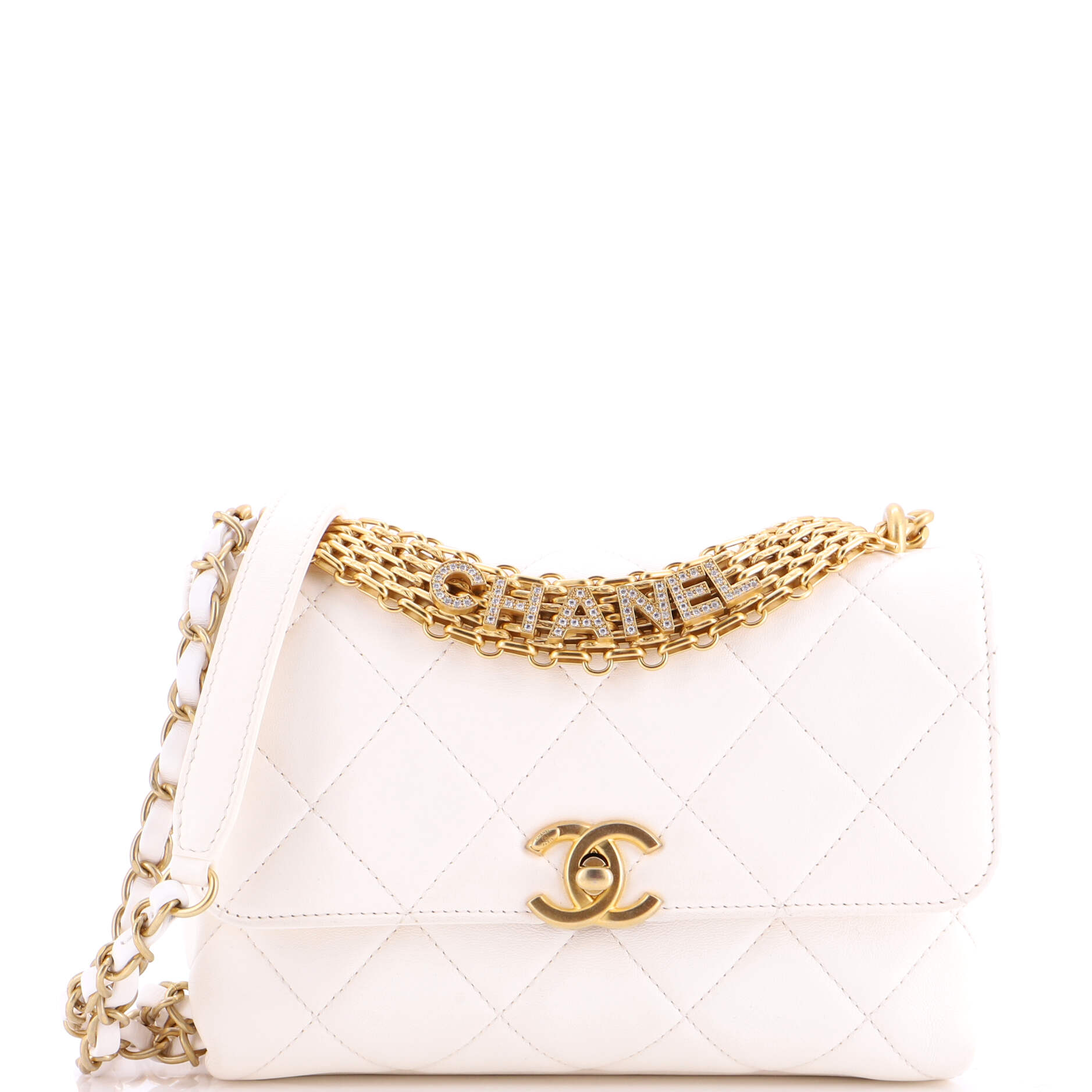Crystal Logo Letters Chain Handle Flap Bag Quilted Lambskin Small