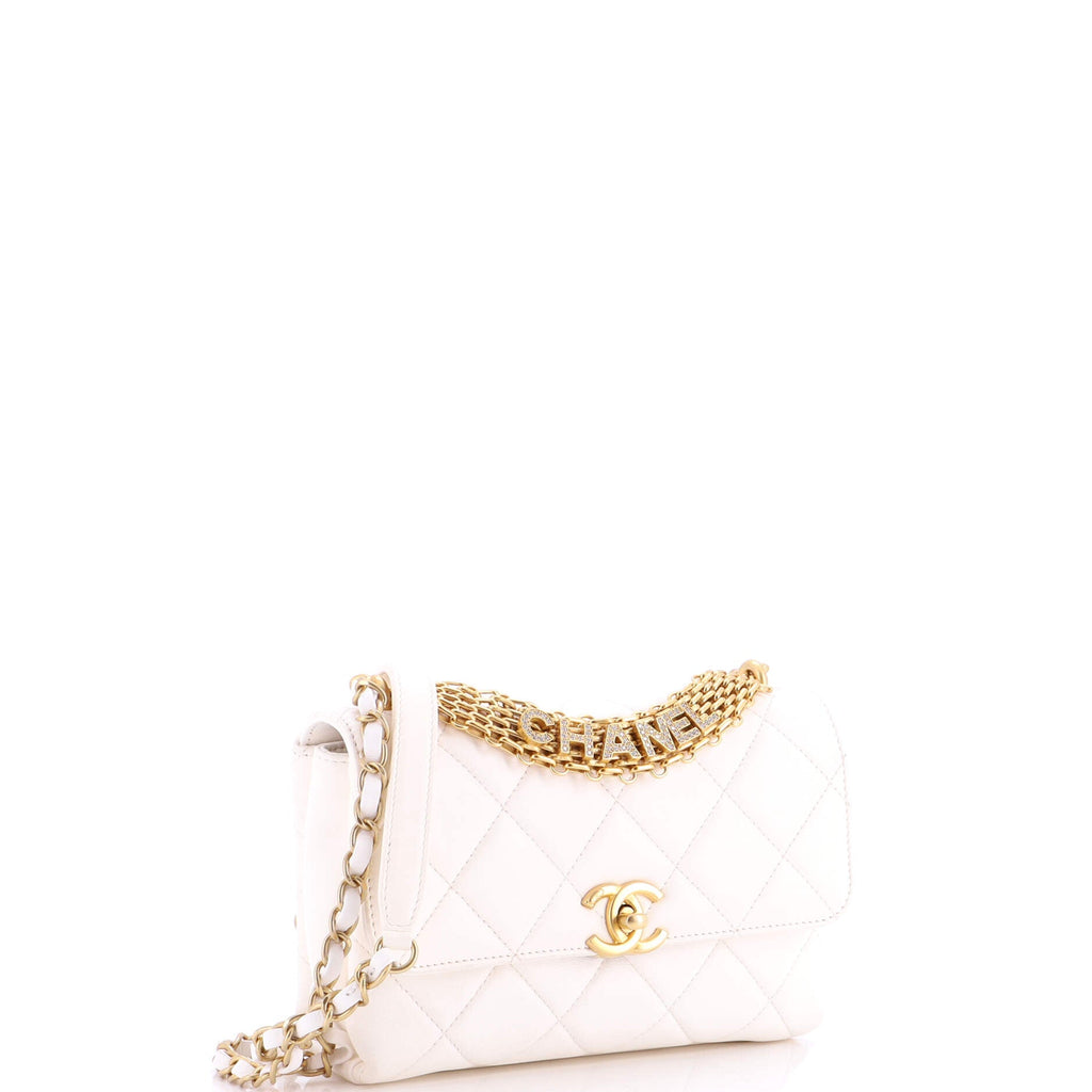 Crystal Logo Letters Chain Handle Flap Bag Quilted Lambskin Small