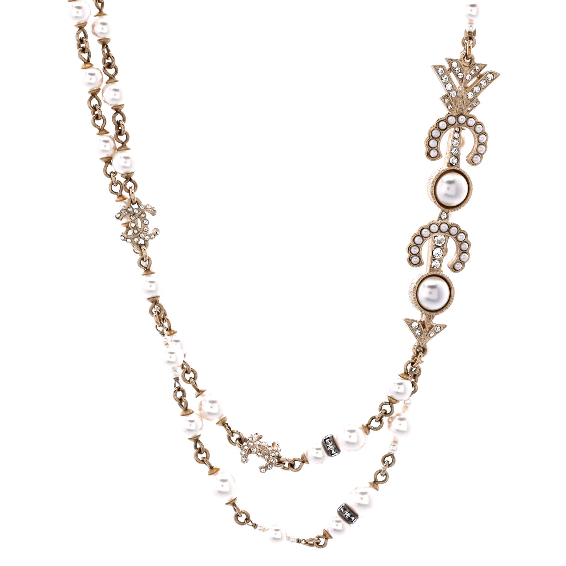 Coco Arrow CC Station Long Necklace Metal and Faux Pearls with Crystals