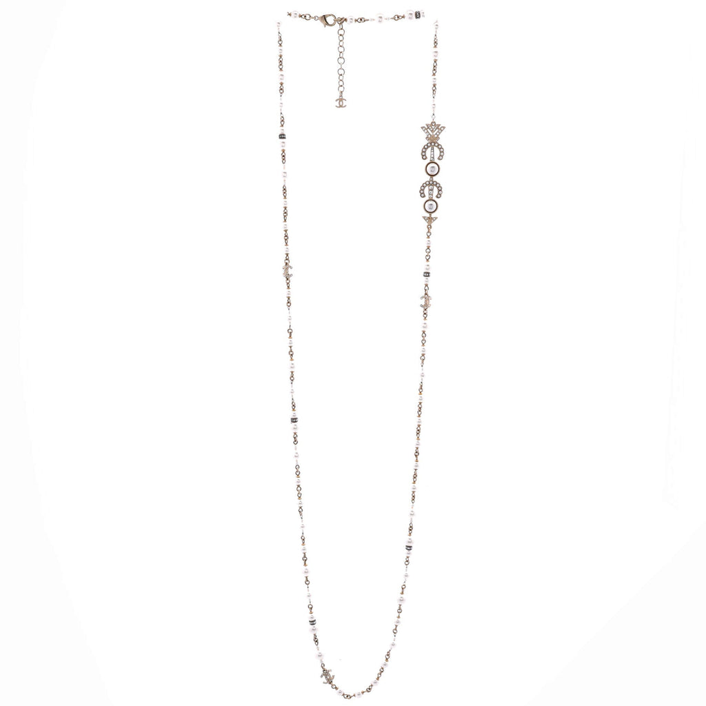 Coco Arrow CC Station Long Necklace Metal and Faux Pearls with Crystals