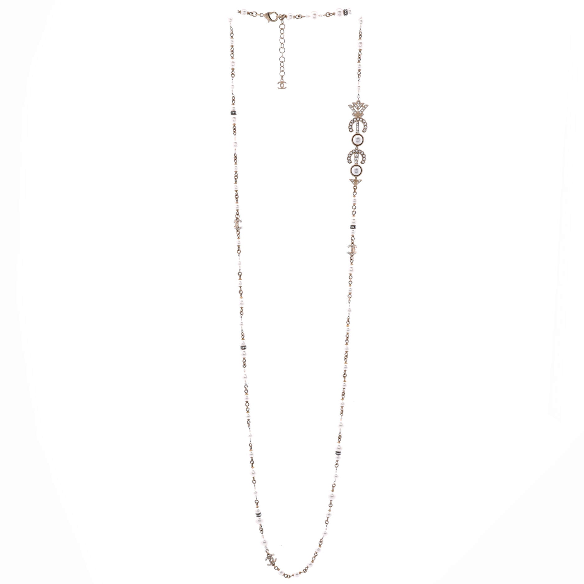 Coco Arrow CC Station Long Necklace Metal and Faux Pearls with Crystals