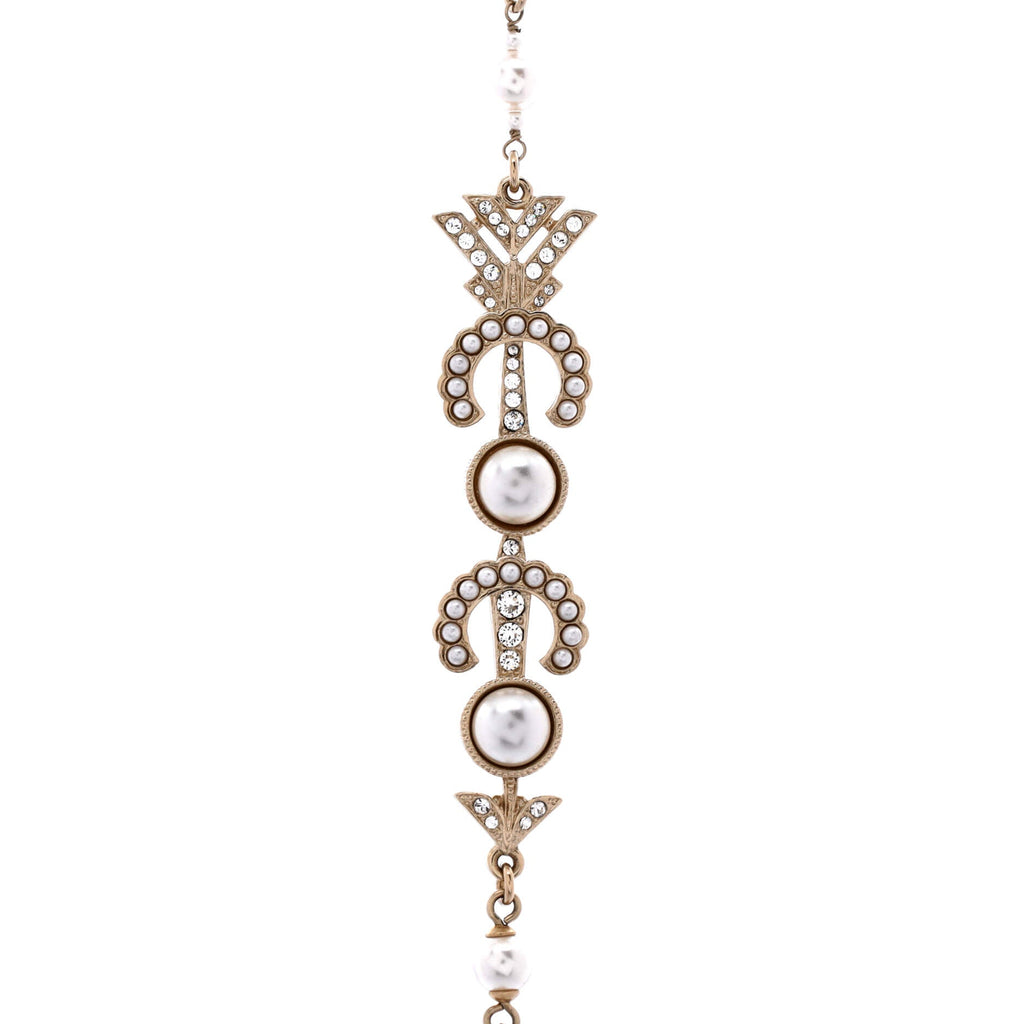 Coco Arrow CC Station Long Necklace Metal and Faux Pearls with Crystals