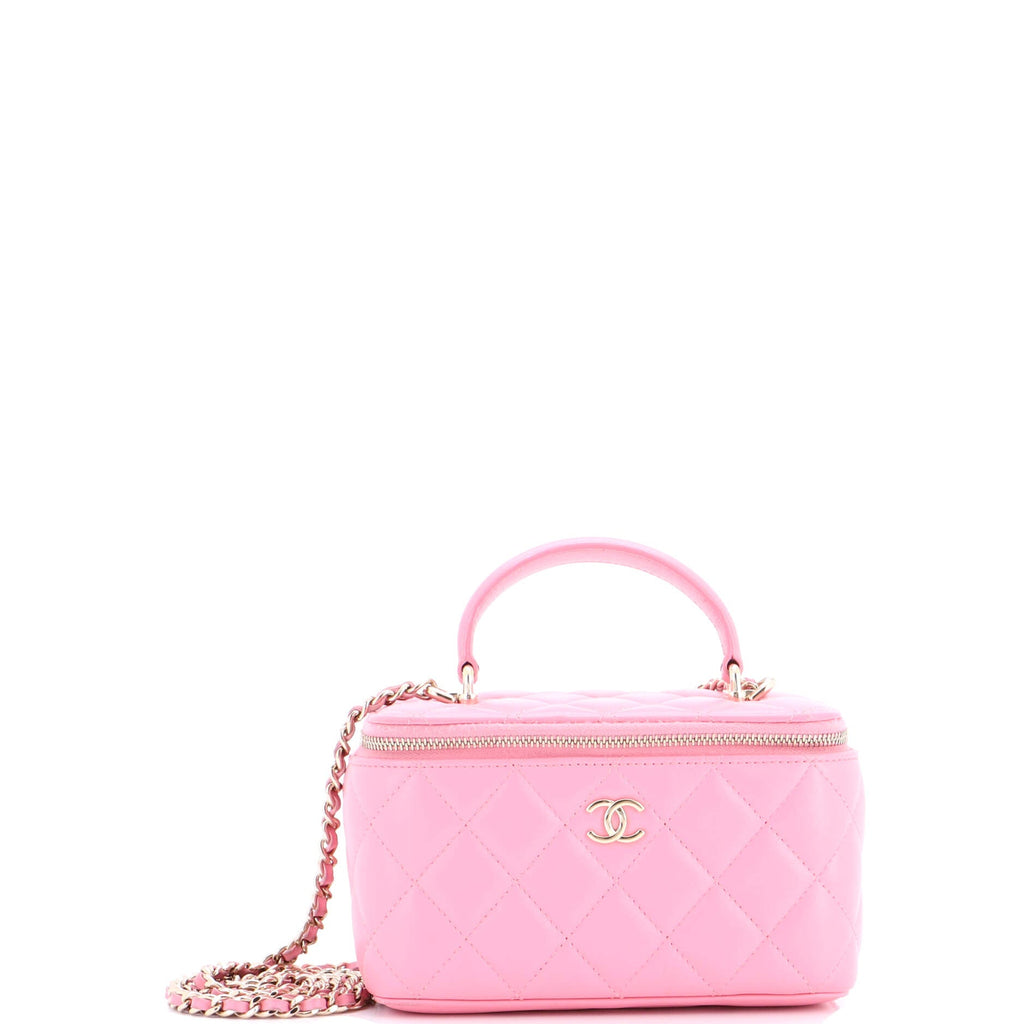 Classic Top Handle Vanity Case with Chain Quilted Lambskin Small