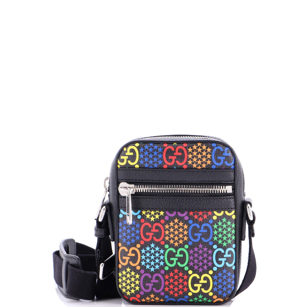 Front Zip Messenger Bag Psychedelic Print GG Coated Canvas Mini