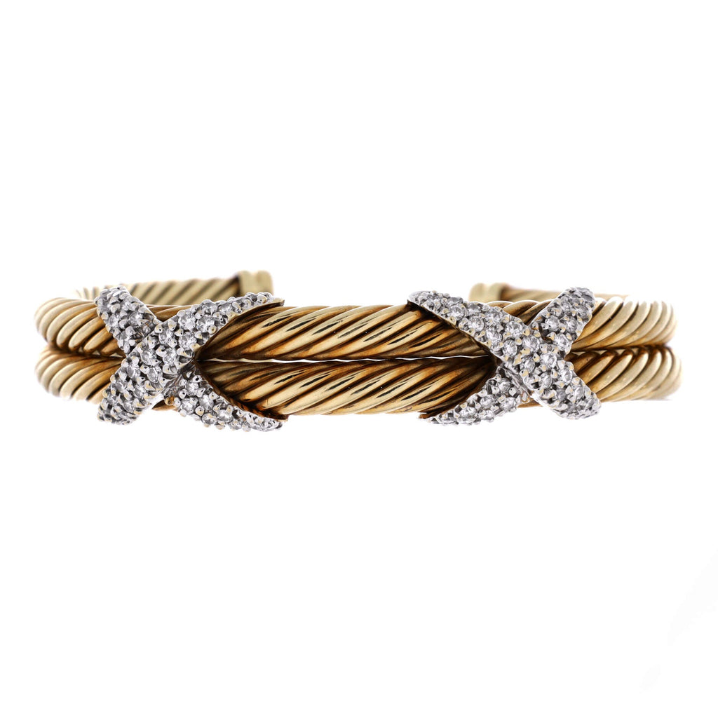 Double X Two Row Cable Bracelet 14K Yellow Gold with Diamonds