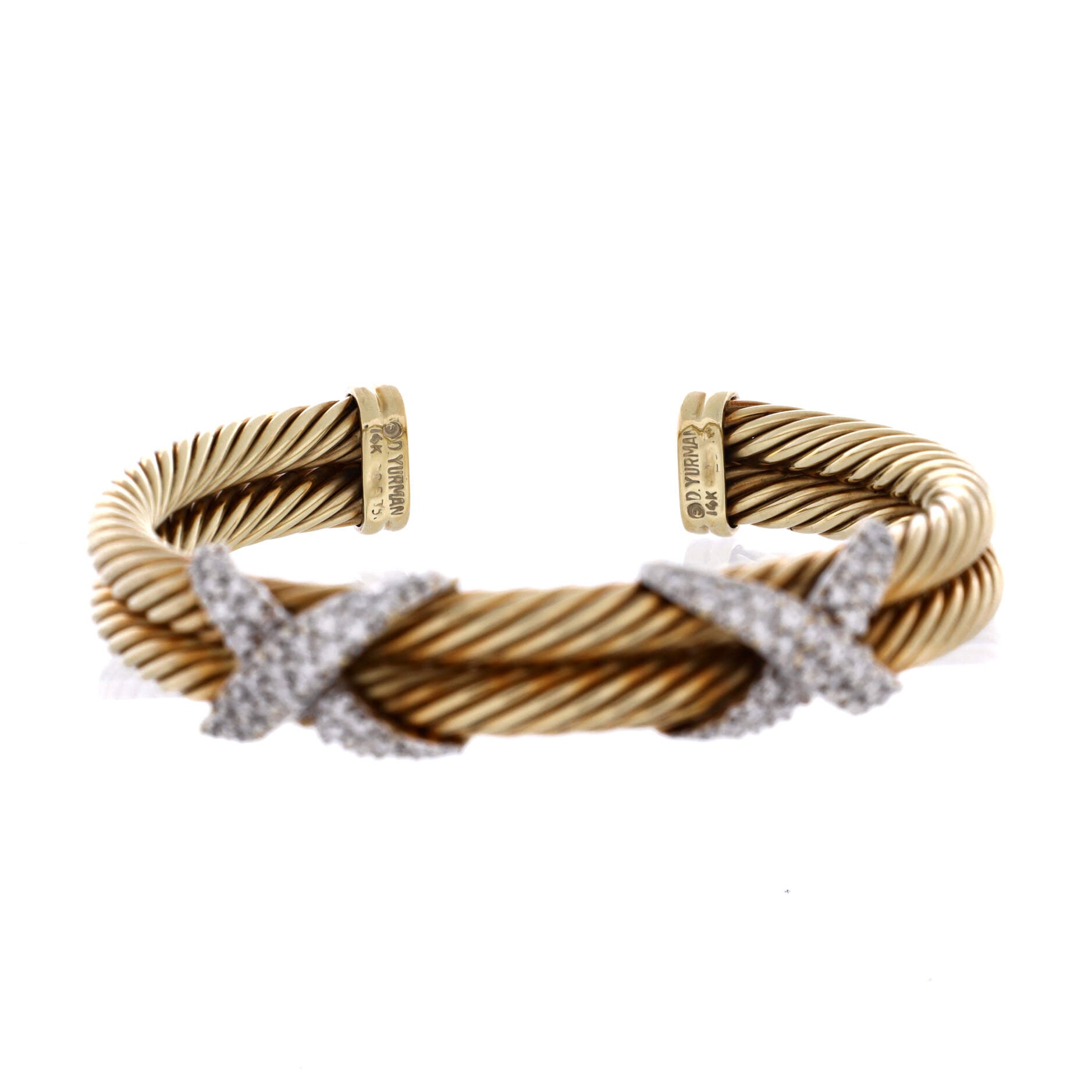 Double X Two Row Cable Bracelet 14K Yellow Gold with Diamonds