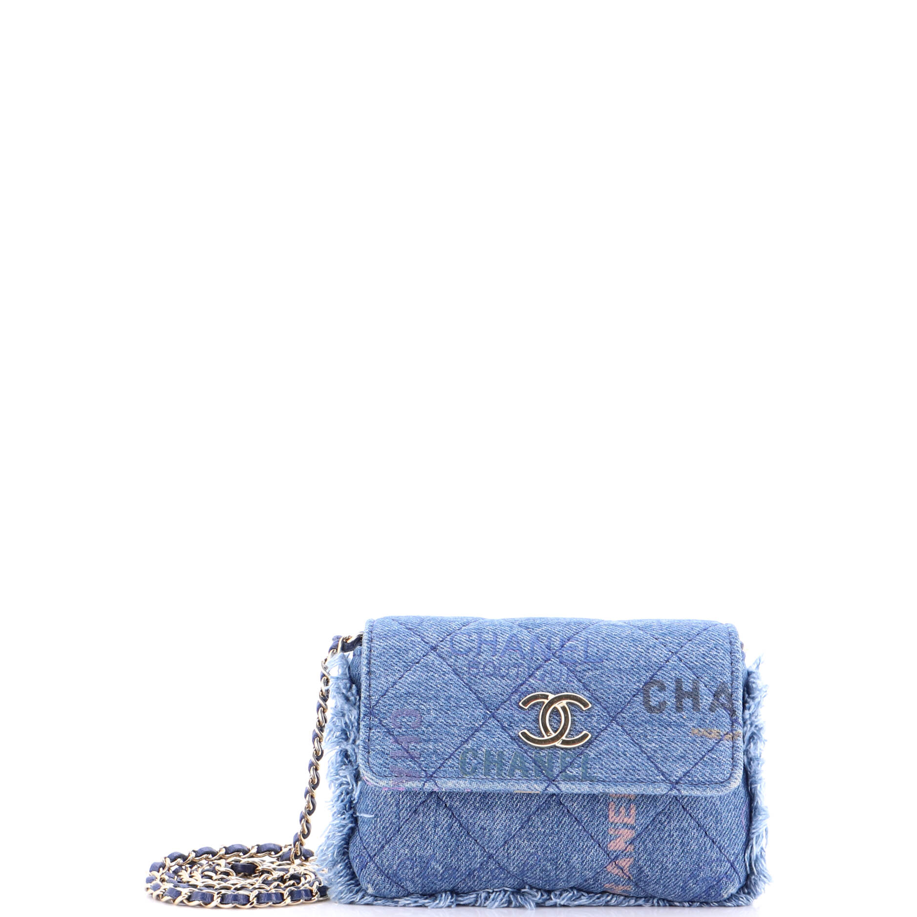 Denim Mood Flap Clutch with Chain Logo Printed Quilted Fringe Denim