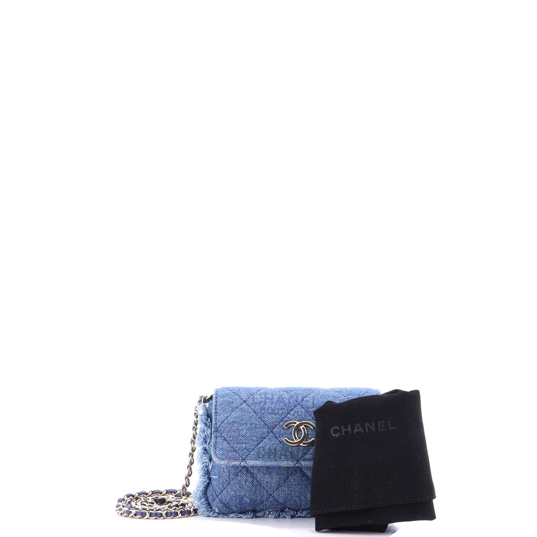 Denim Mood Flap Clutch with Chain Logo Printed Quilted Fringe Denim
