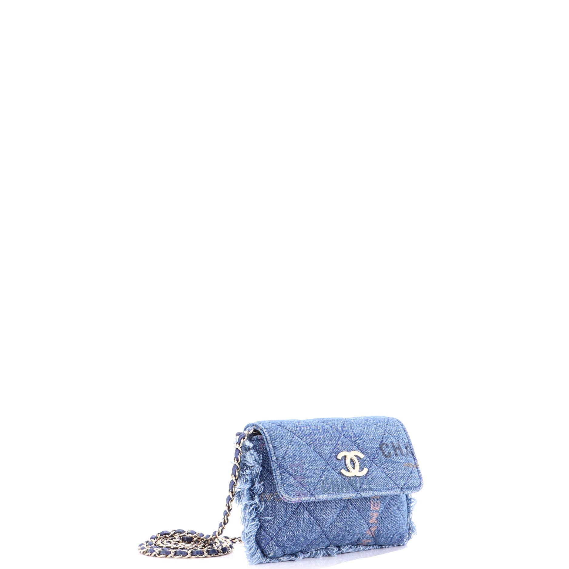 Denim Mood Flap Clutch with Chain Logo Printed Quilted Fringe Denim