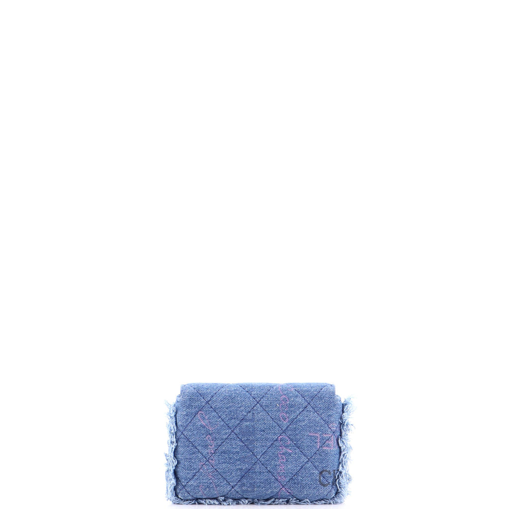 Denim Mood Flap Clutch with Chain Logo Printed Quilted Fringe Denim