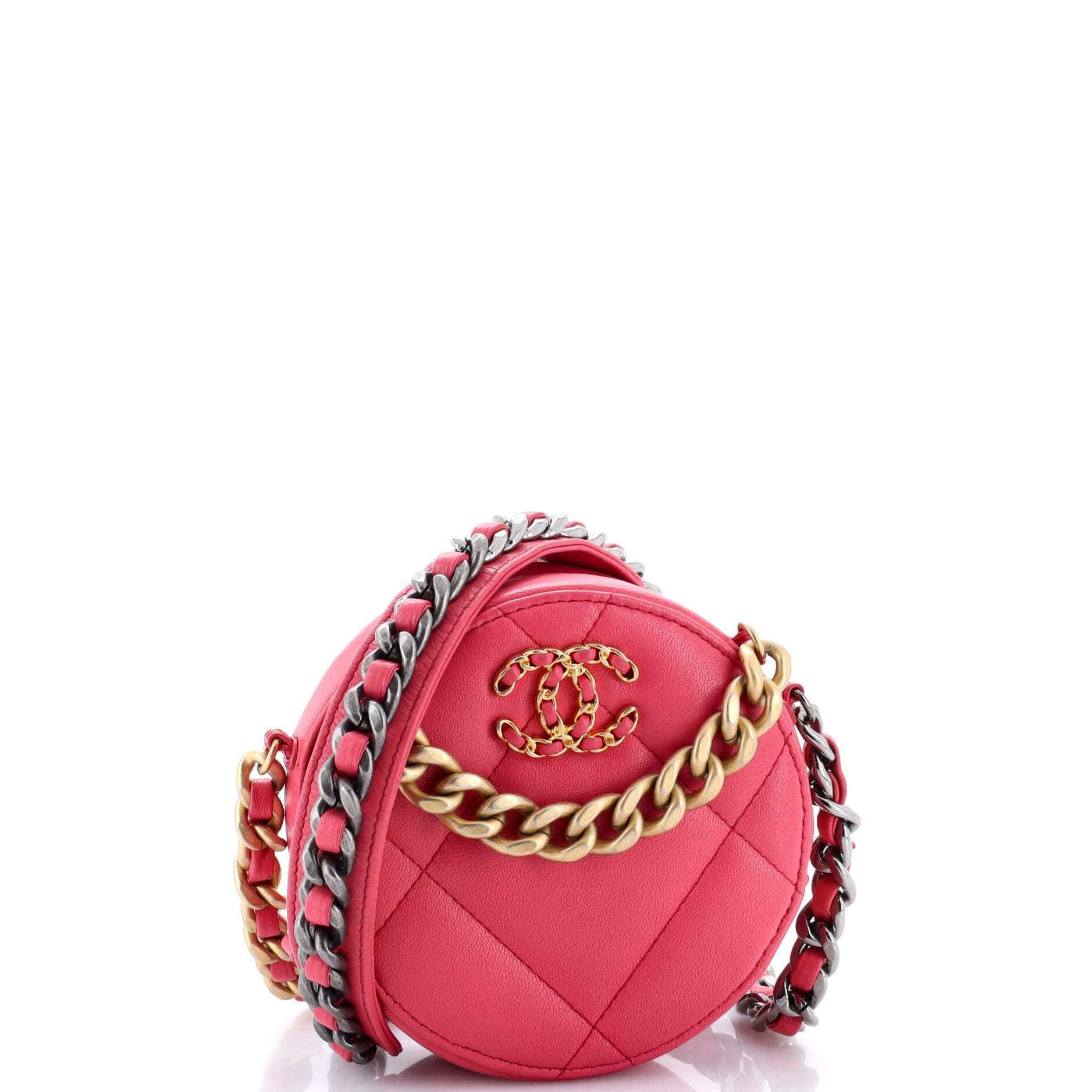 19 Round Clutch with Chain Quilted Leather