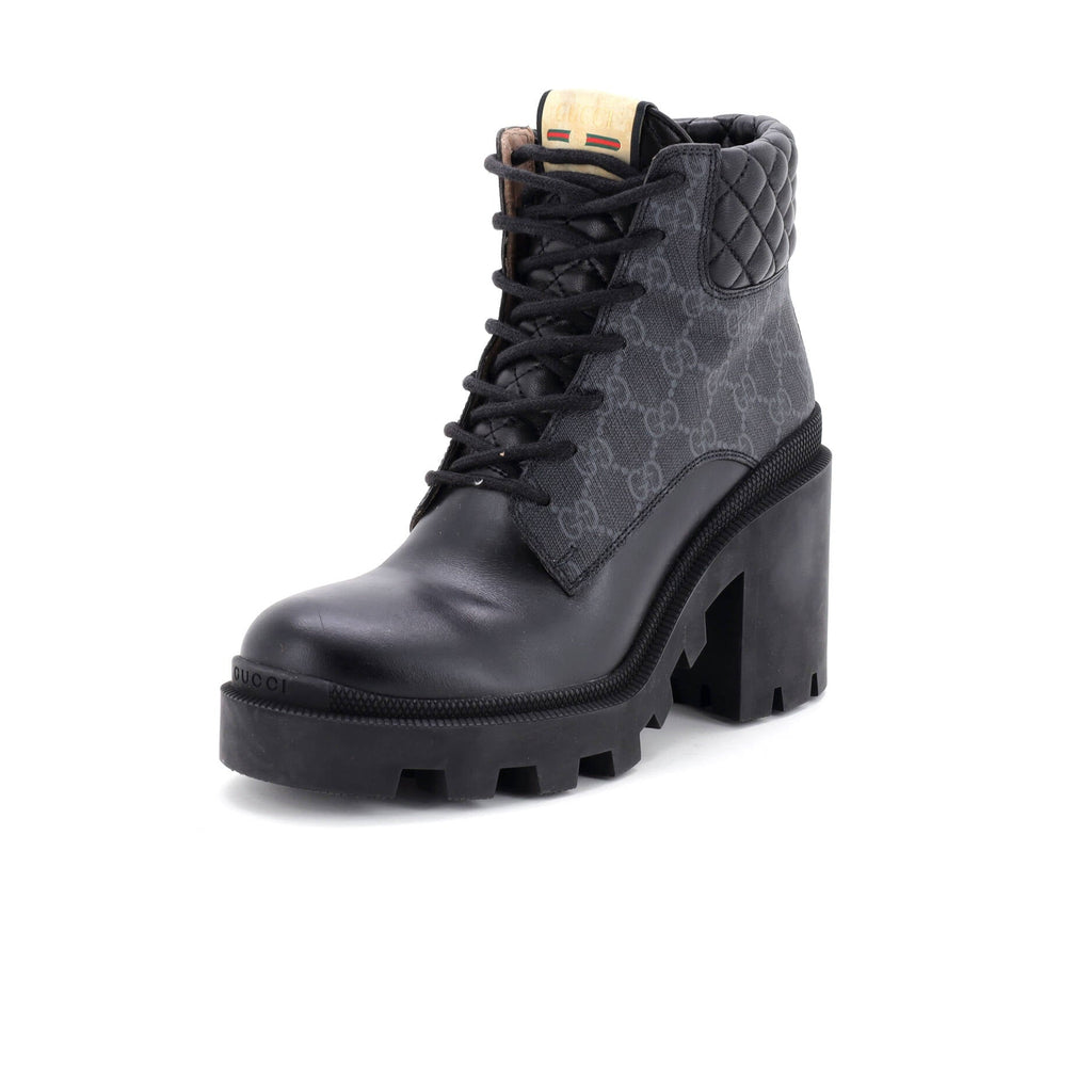 Women's Lace Up Heeled Ankle Boots GG Coated Canvas with Quilted Leather