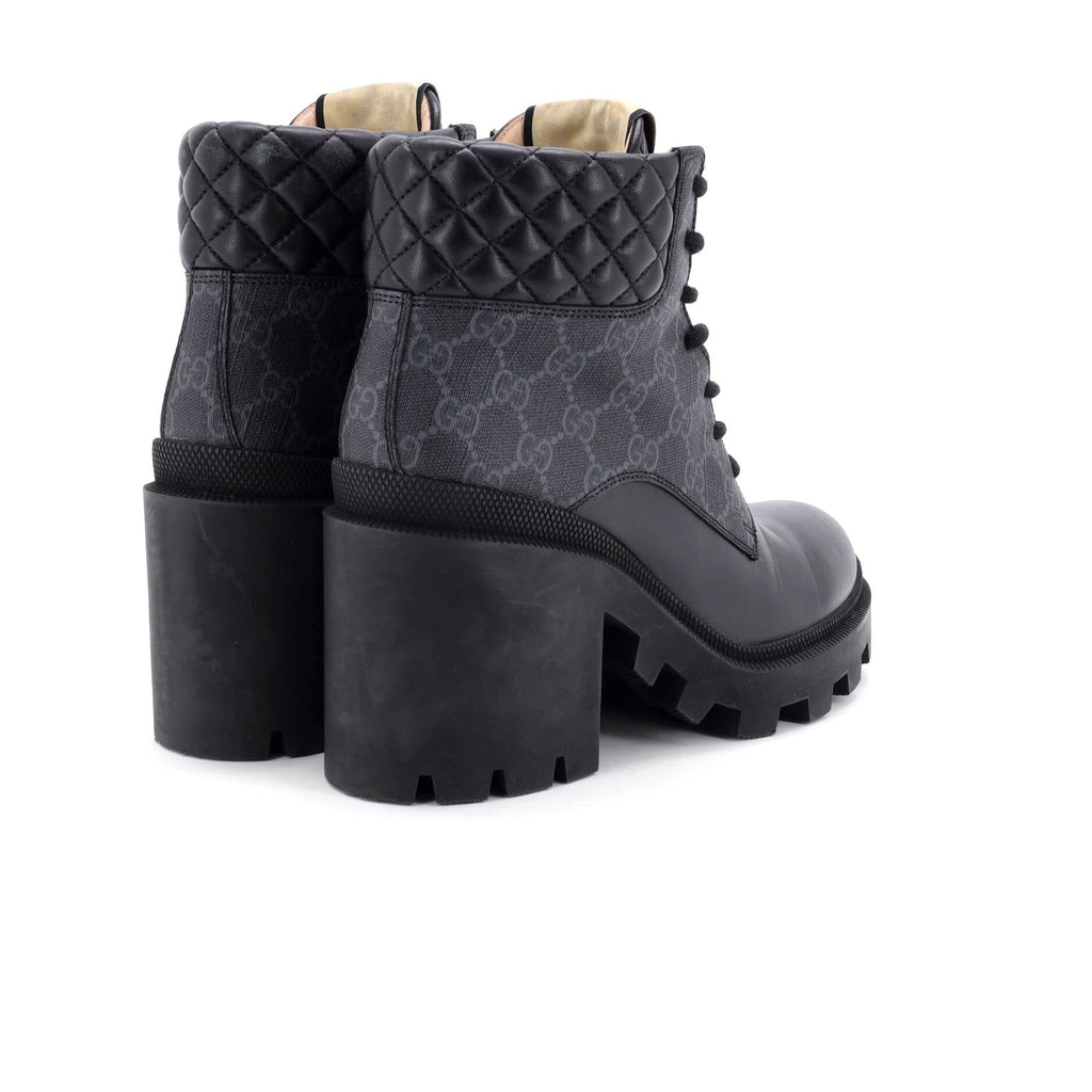 Women's Lace Up Heeled Ankle Boots GG Coated Canvas with Quilted Leather