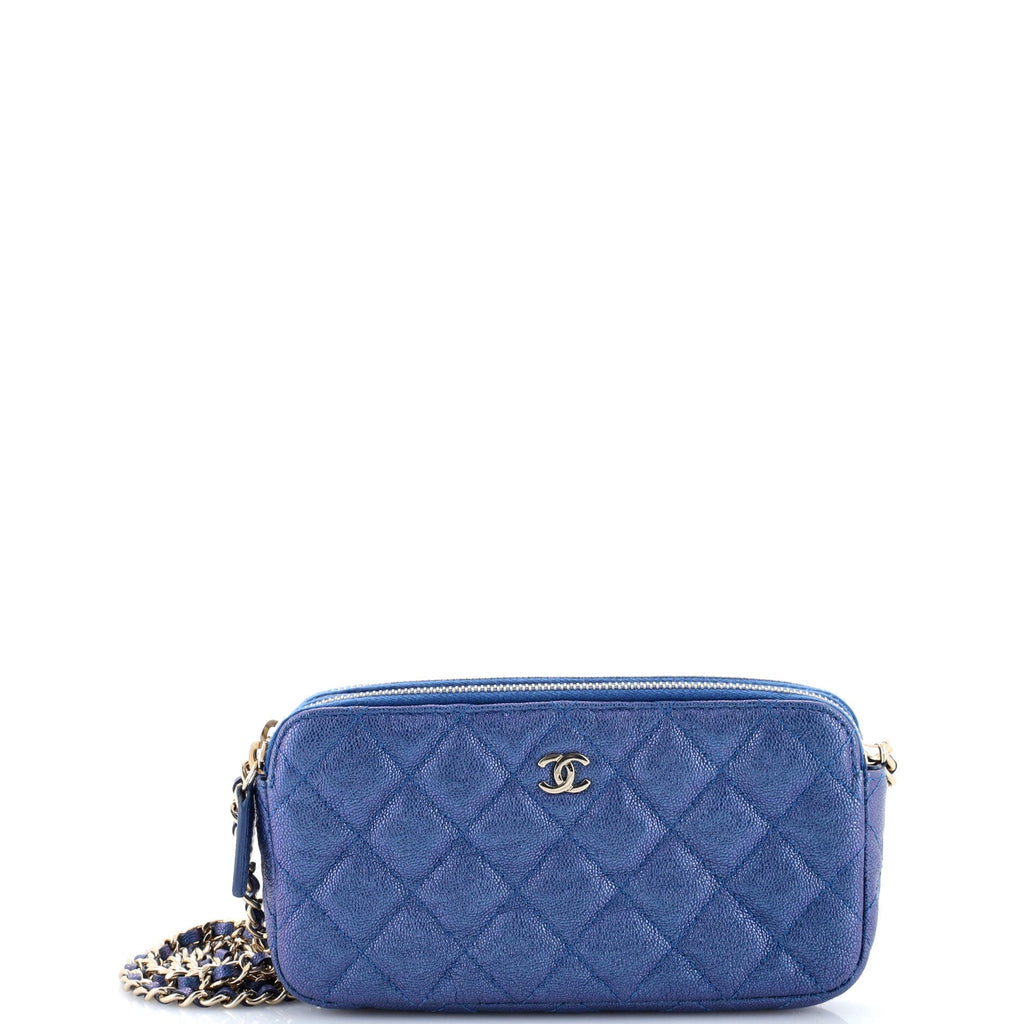 Double Zip Clutch with Chain Quilted Iridescent Caviar