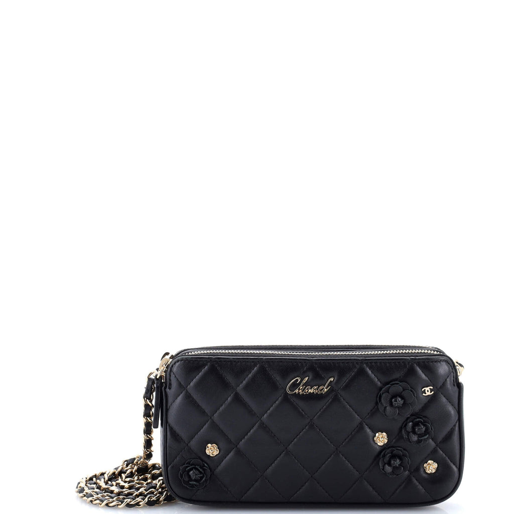Camellia Charms Double Zip Clutch with Chain Quilted Lambskin