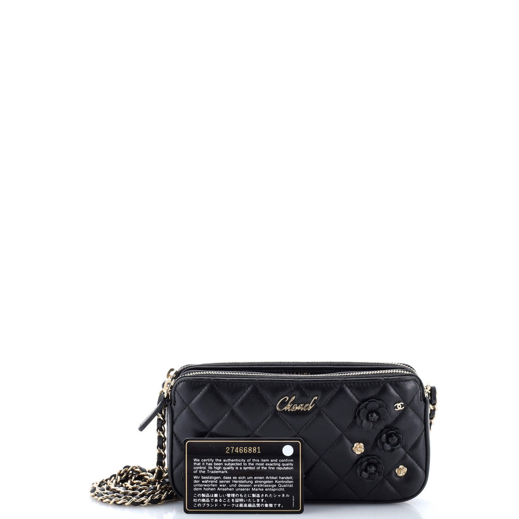 Camellia Charms Double Zip Clutch with Chain Quilted Lambskin