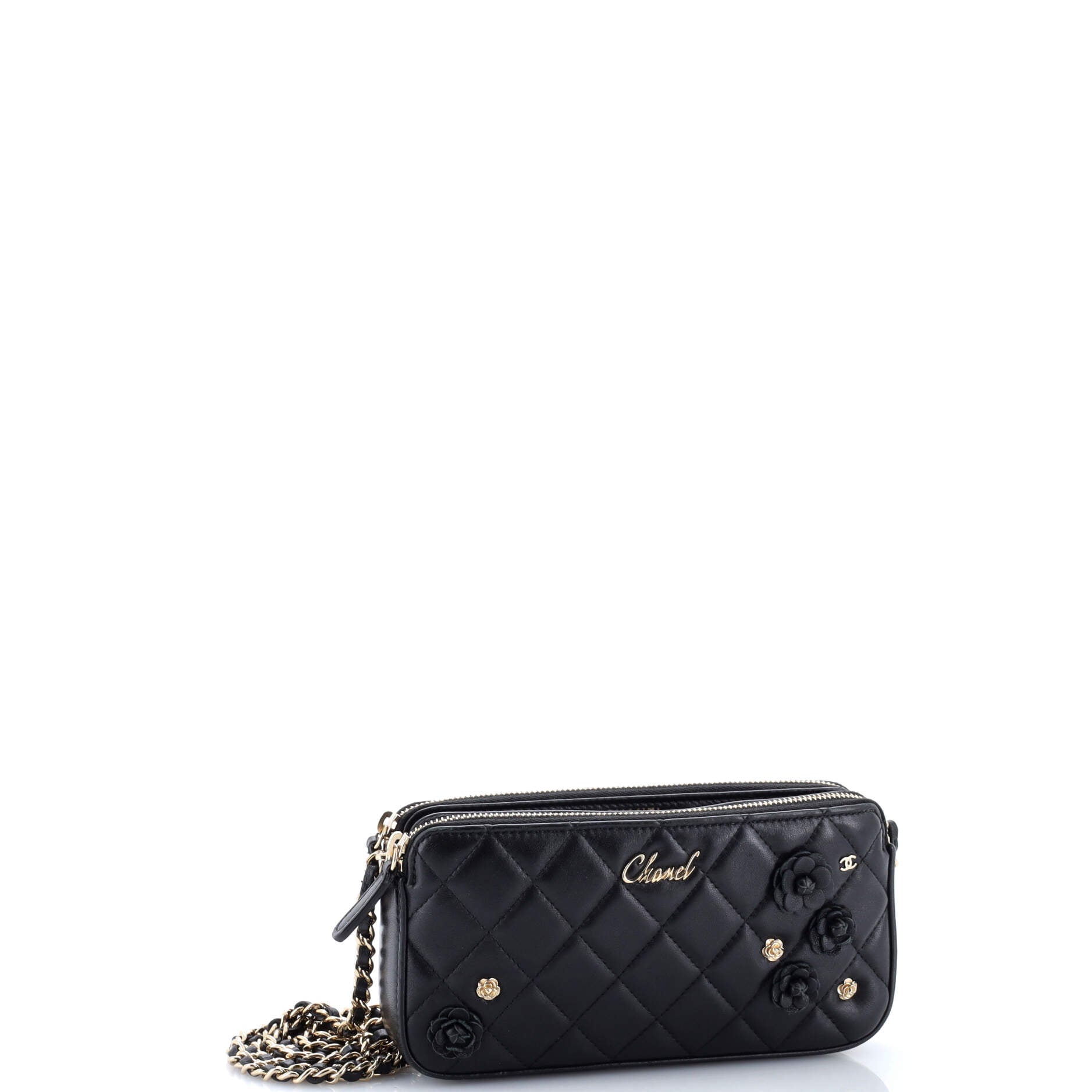Camellia Charms Double Zip Clutch with Chain Quilted Lambskin