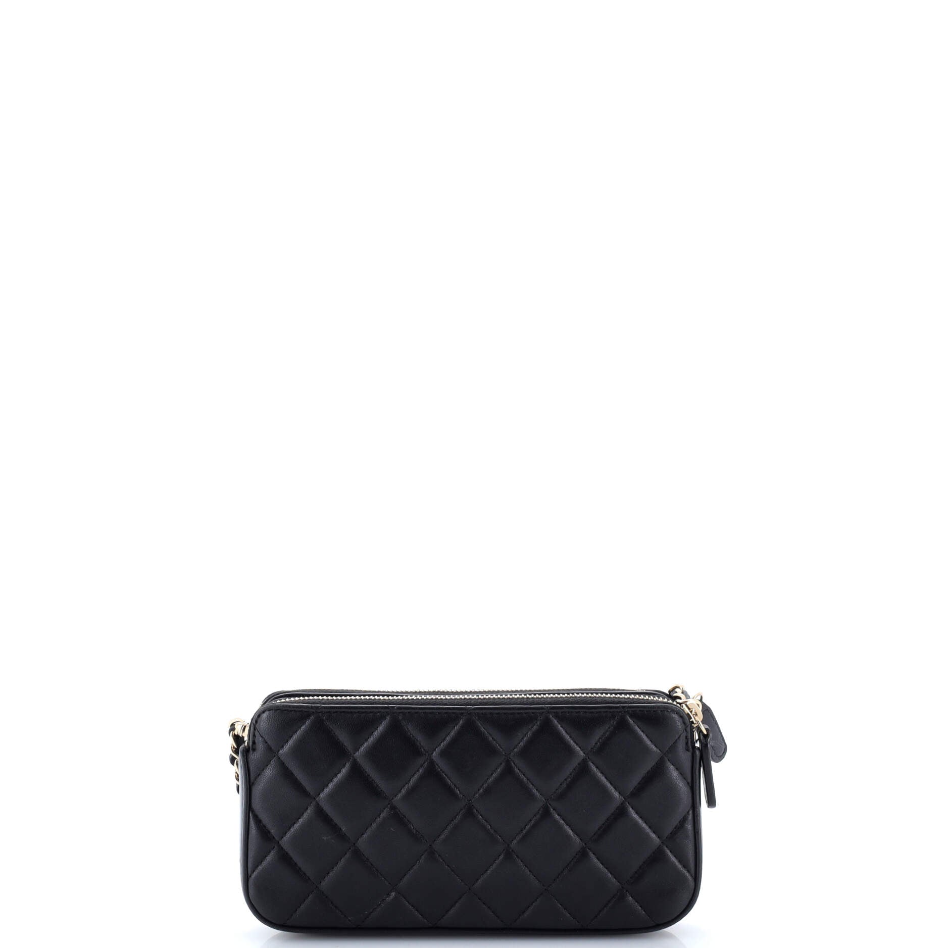 Camellia Charms Double Zip Clutch with Chain Quilted Lambskin