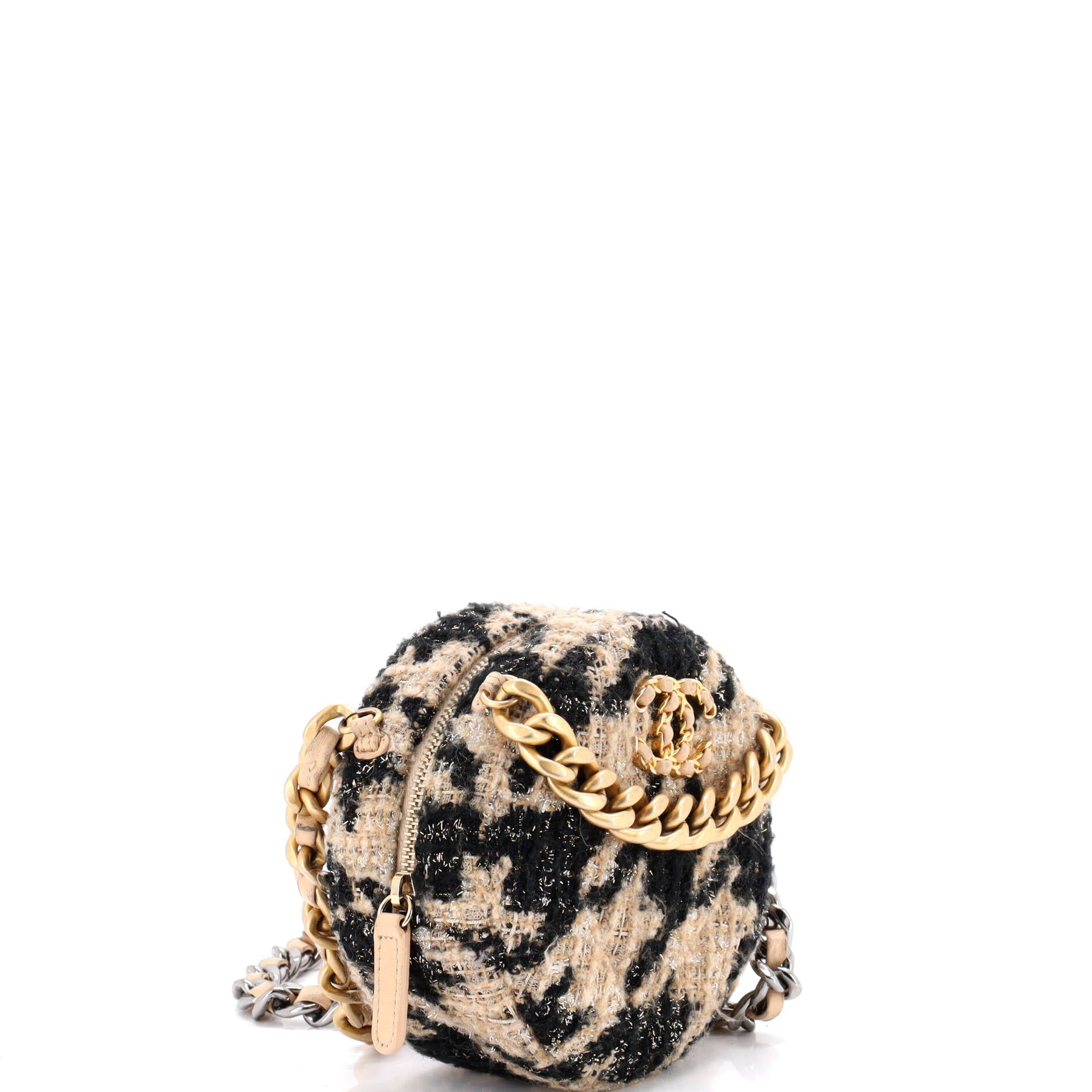 19 Round Clutch with Chain Quilted Tweed