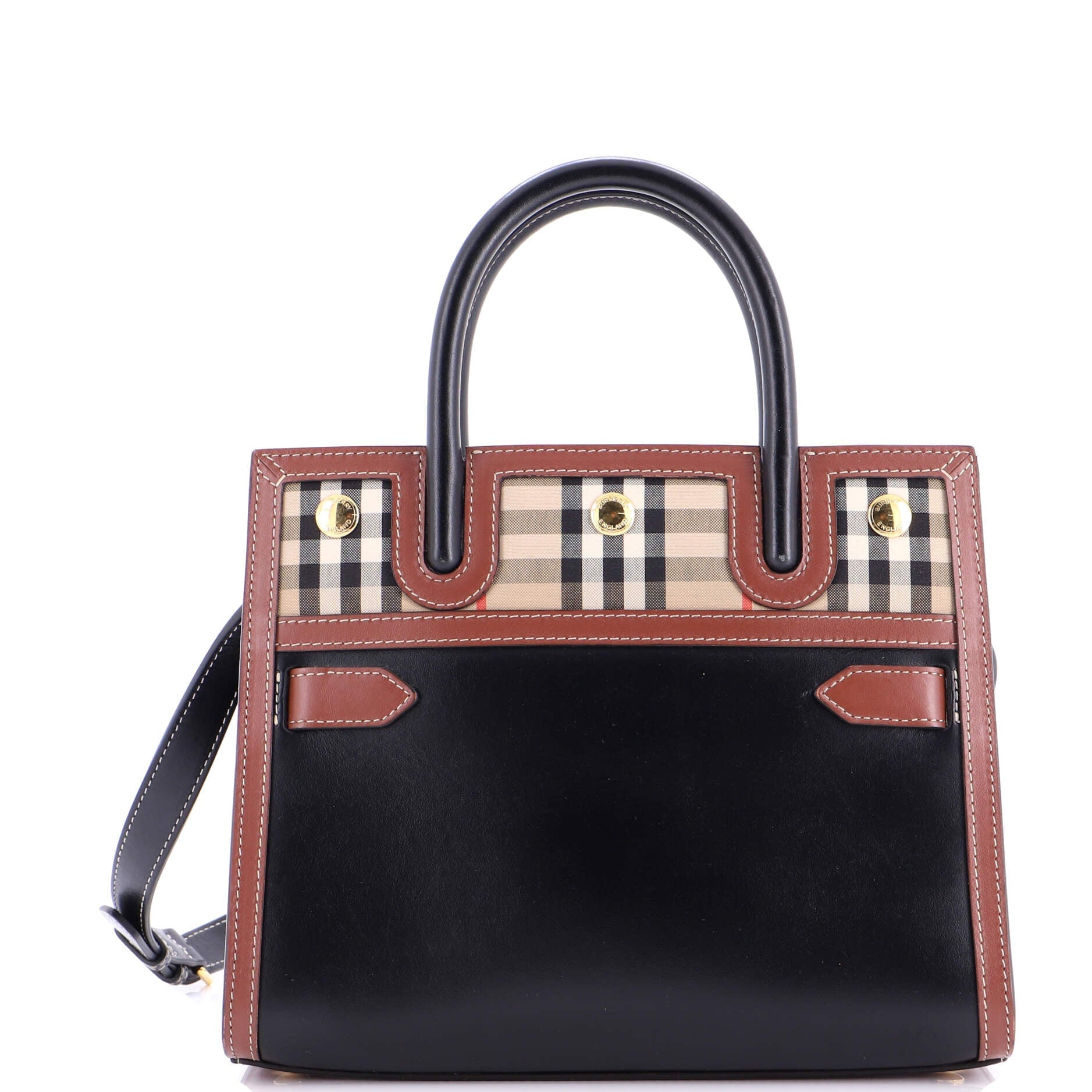 Title Two Handle Tote Leather with Vintage Check Canvas Mini