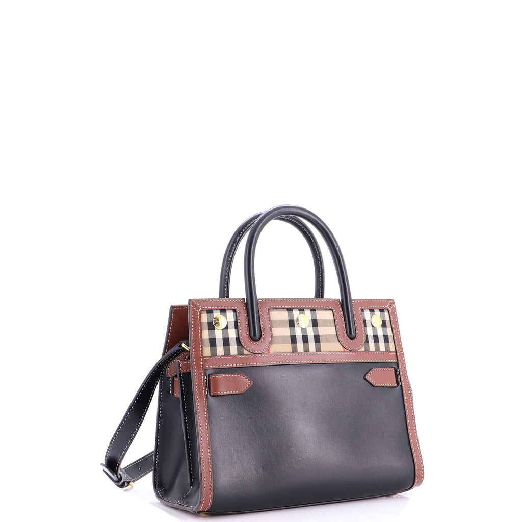 Title Two Handle Tote Leather with Vintage Check Canvas Mini