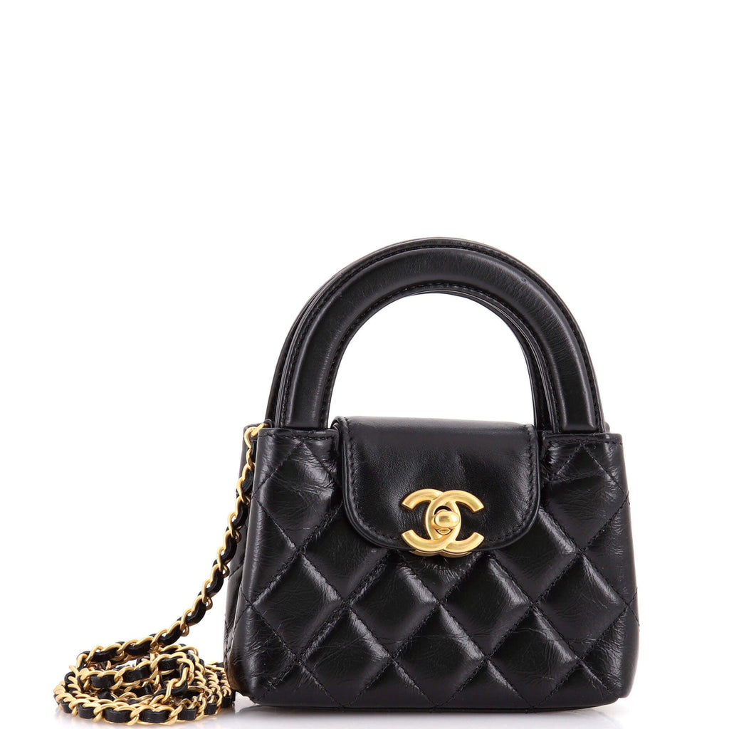 Kelly Top Handle Shopping Bag Quilted Shiny Aged Calfskin Nano