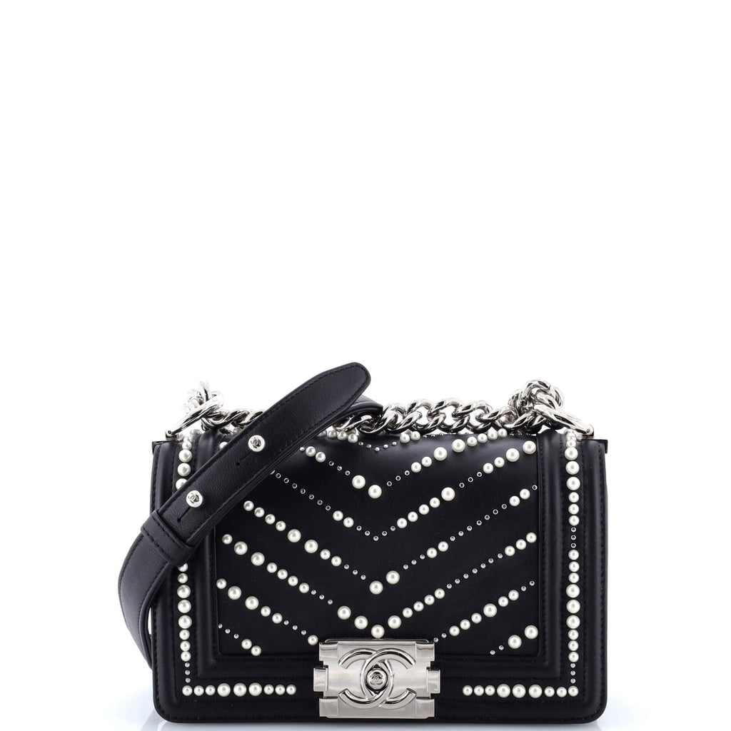Boy Flap Bag Pearl Embellished Chevron Calfskin Small