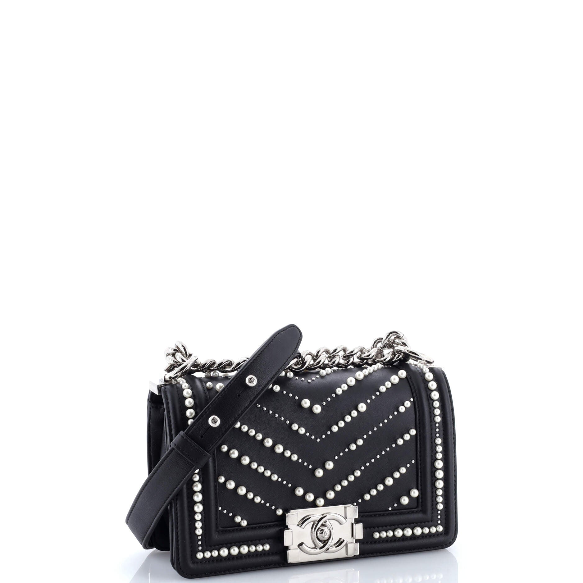 Boy Flap Bag Pearl Embellished Chevron Calfskin Small