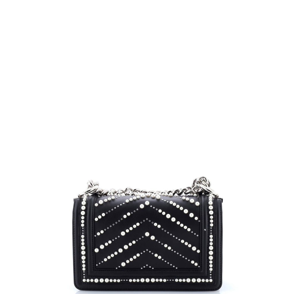 Boy Flap Bag Pearl Embellished Chevron Calfskin Small