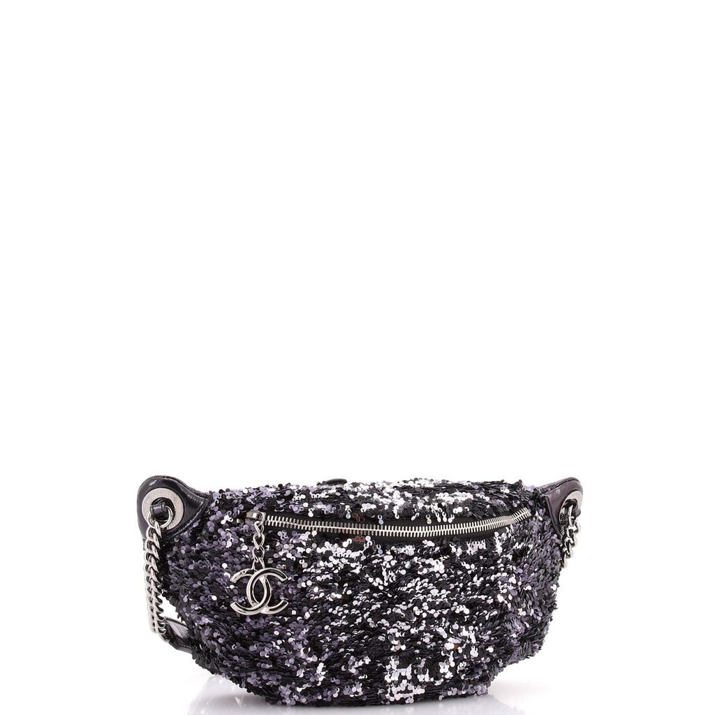 CC Charm Zip Waist Bag Sequins and Quilted Lambskin