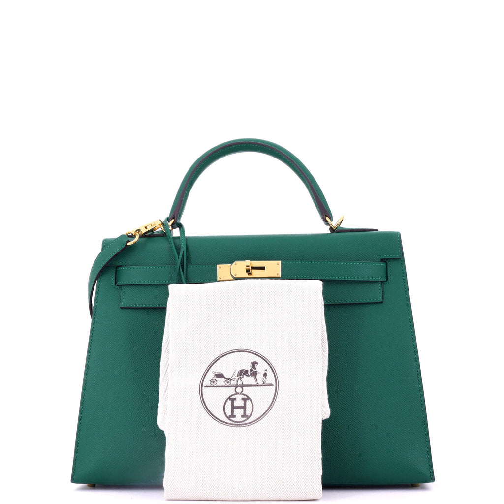 Kelly Handbag Malachite Epsom with Gold Hardware 32