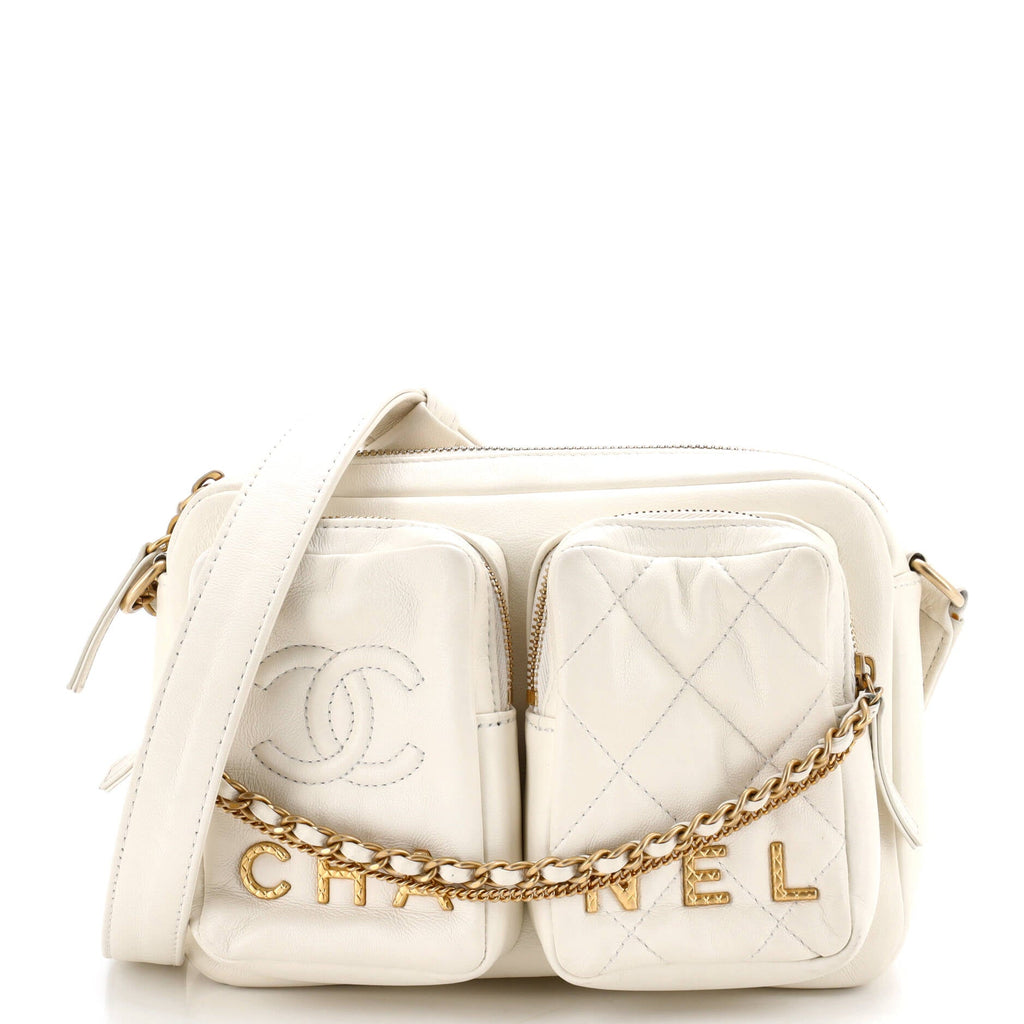 Logo Twin Pockets Chain Camera Case Quilted Calfskin Small