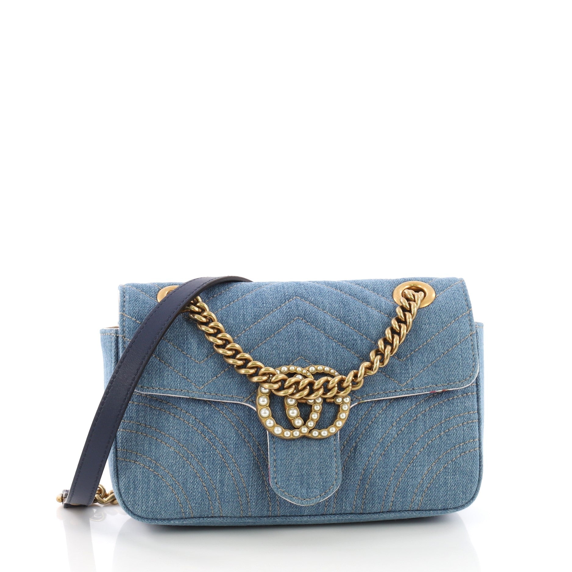 Pearly GG Marmont Flap Bag Matelasse Denim Mini