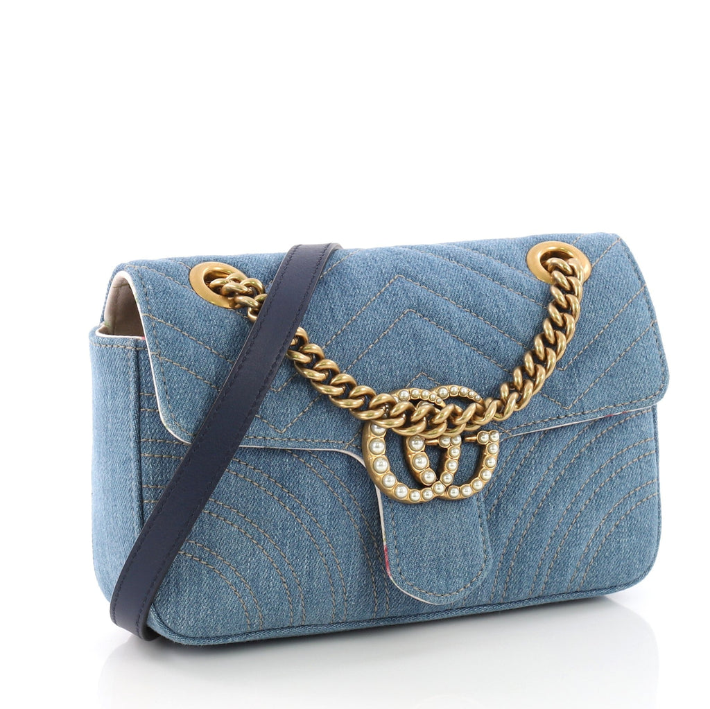 Pearly GG Marmont Flap Bag Matelasse Denim Mini