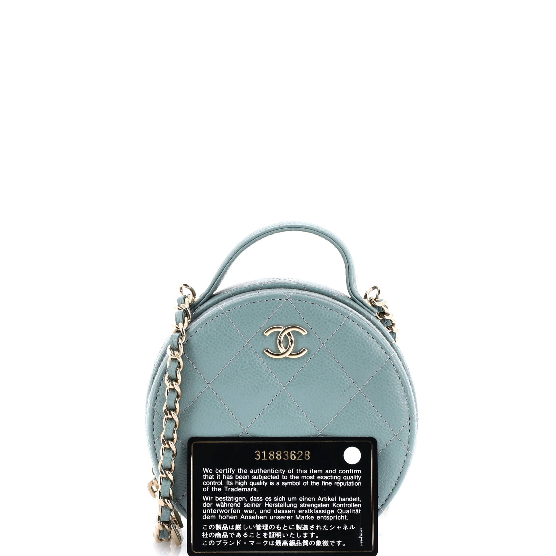 Handle with Care Round Vanity Case with Chain Quilted Caviar Small