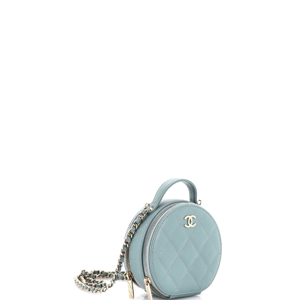 Handle with Care Round Vanity Case with Chain Quilted Caviar Small