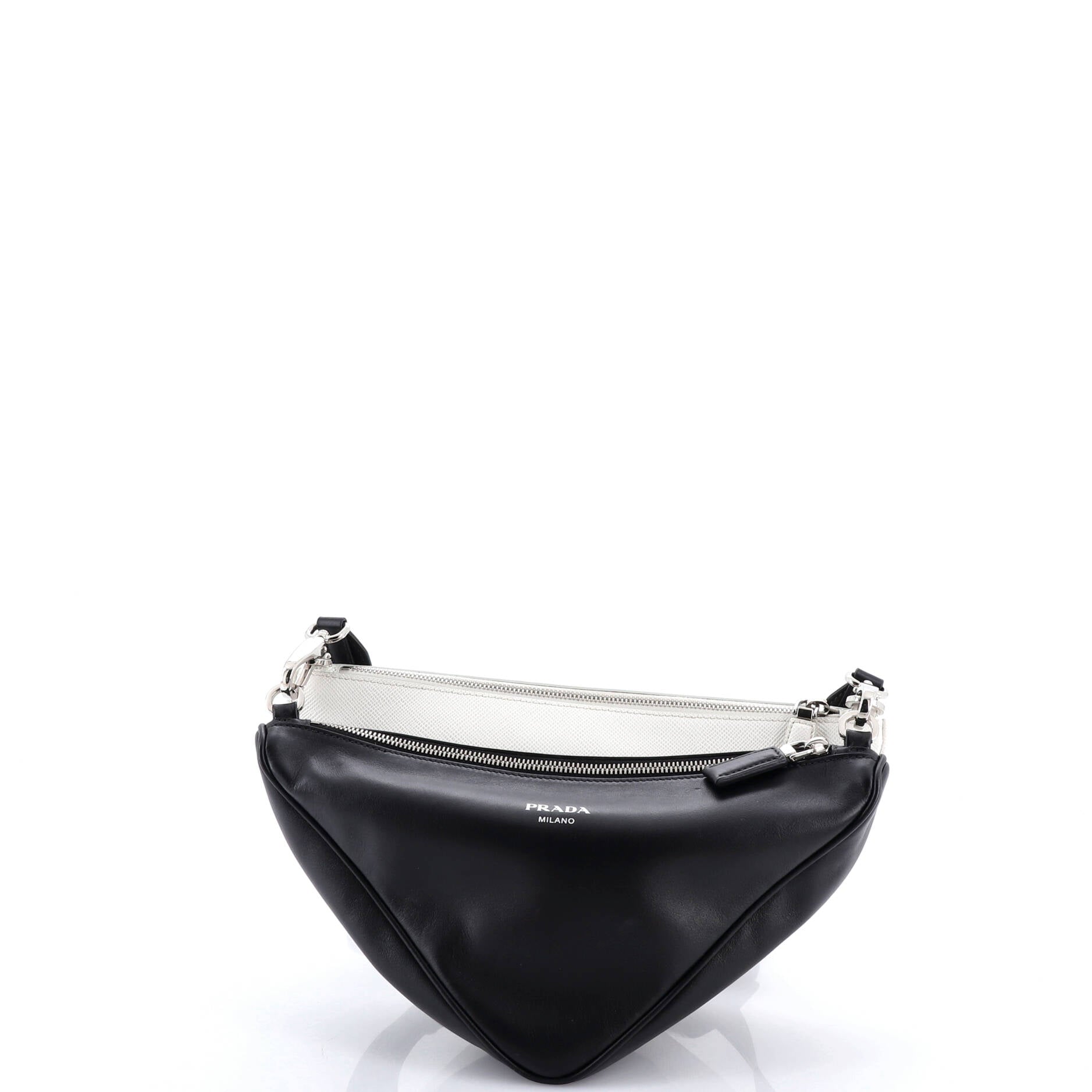 Double Triangle Logo Zip Shoulder Bag Saffiano Leather and Leather