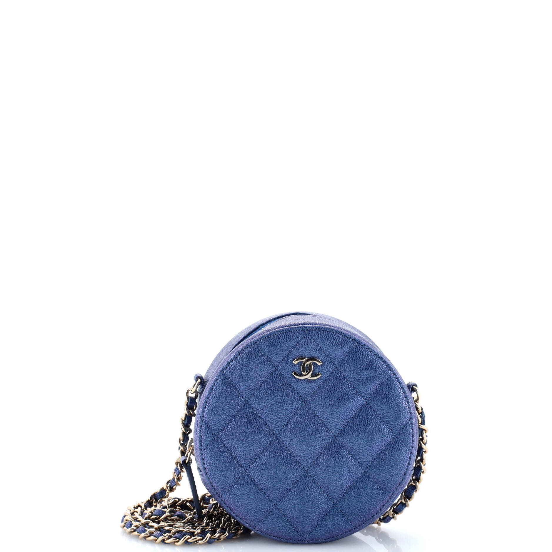 Round Clutch with Chain Quilted Iridescent Caviar Mini