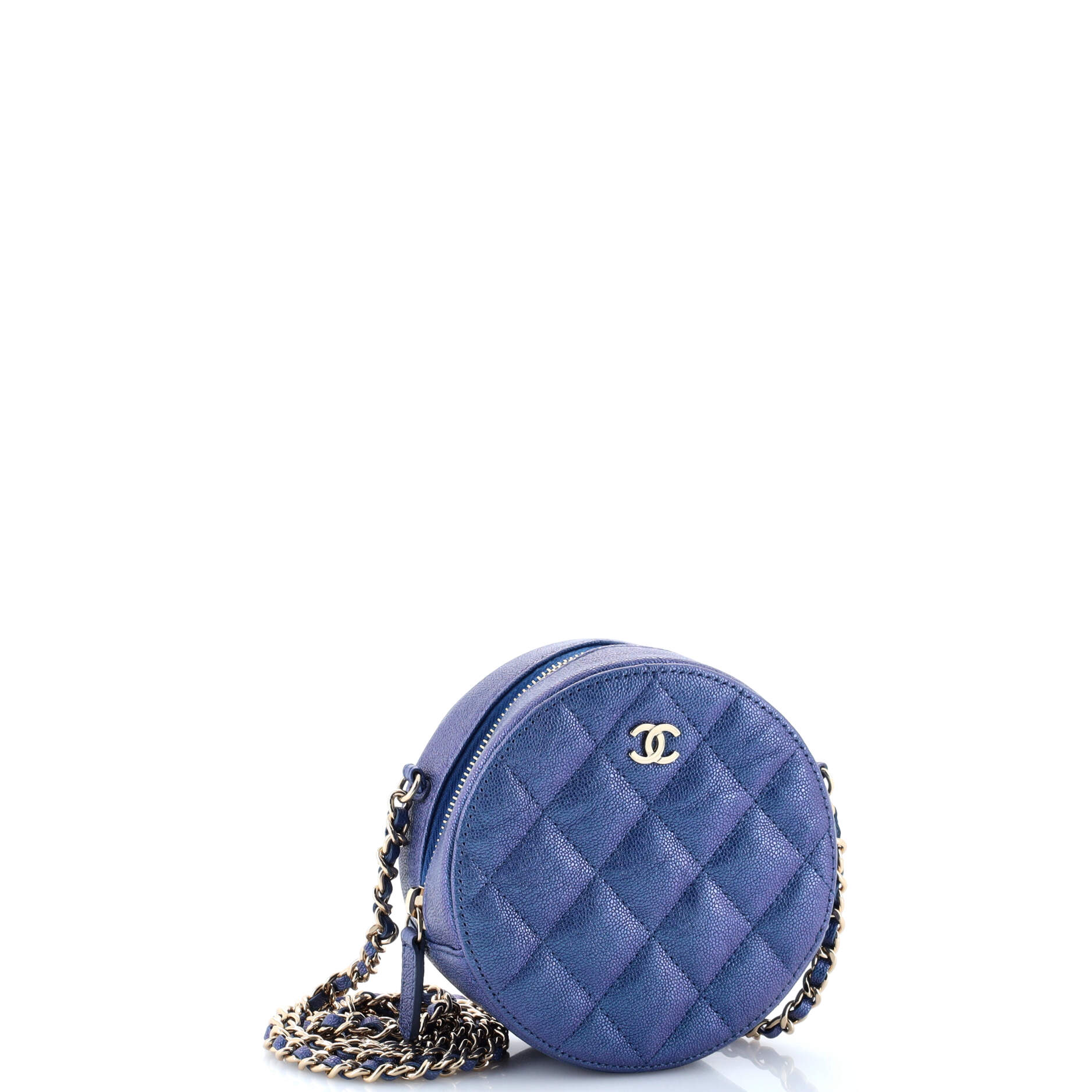 Round Clutch with Chain Quilted Iridescent Caviar Mini