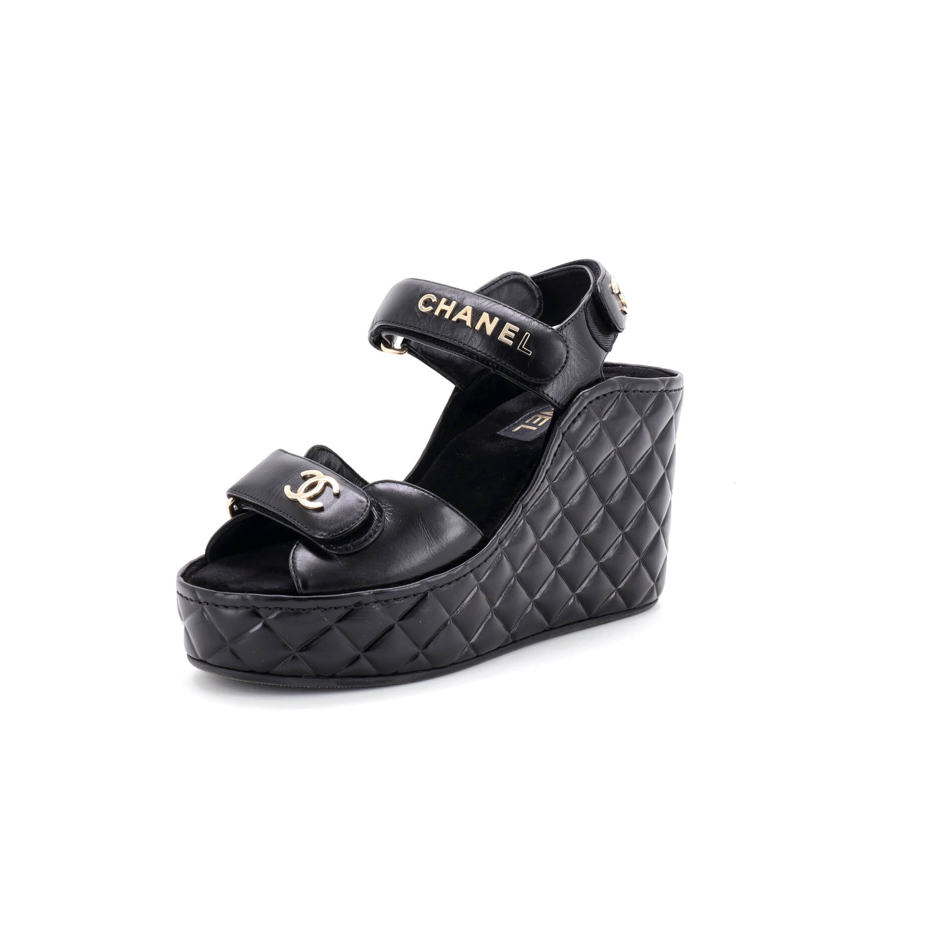 Women's Logo Velcro Strap Wedge Sandals Quilted Leather