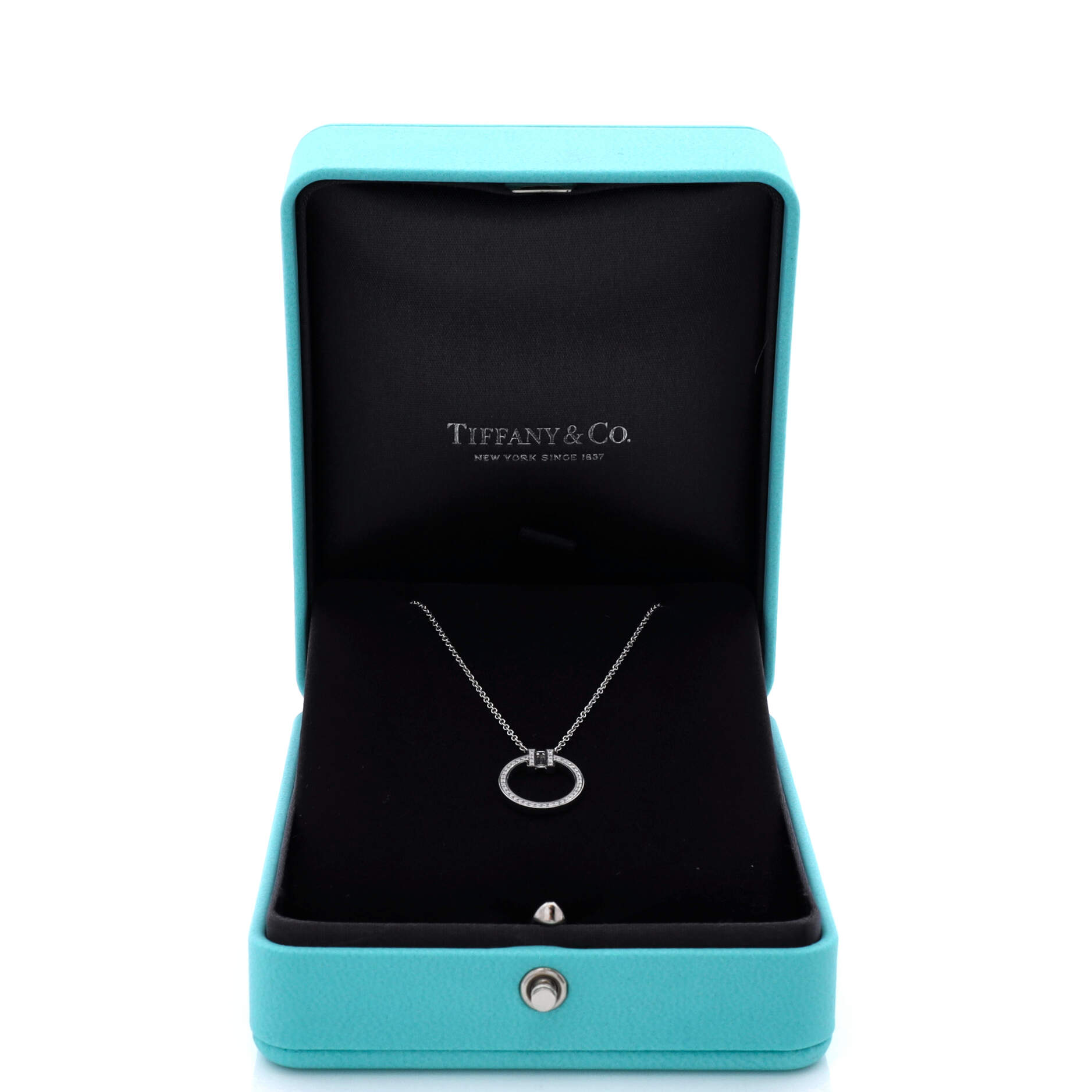 T Circle Pendant Necklace 18K White Gold with Diamonds and Center Baguette Diamond Small