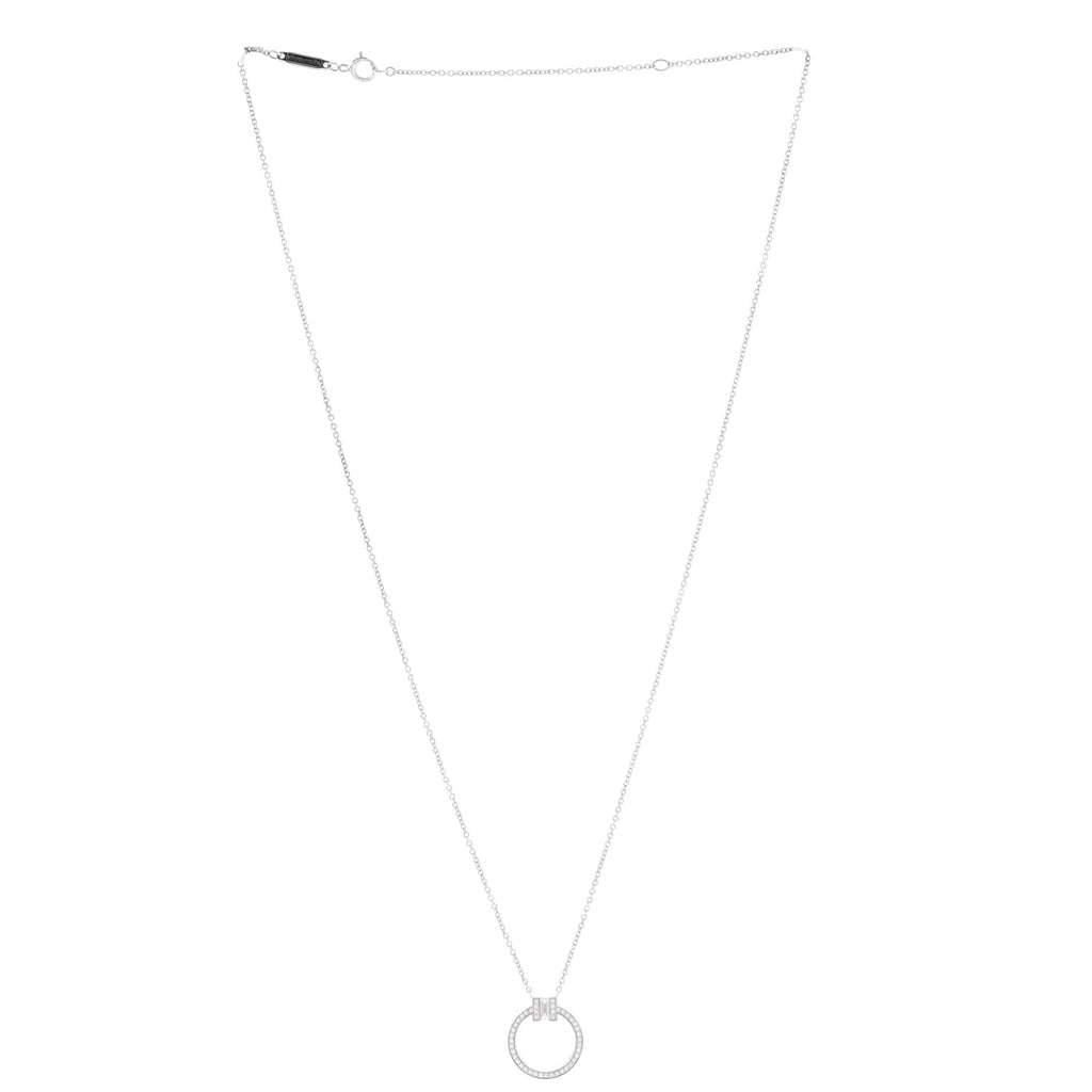 T Circle Pendant Necklace 18K White Gold with Diamonds and Center Baguette Diamond Small