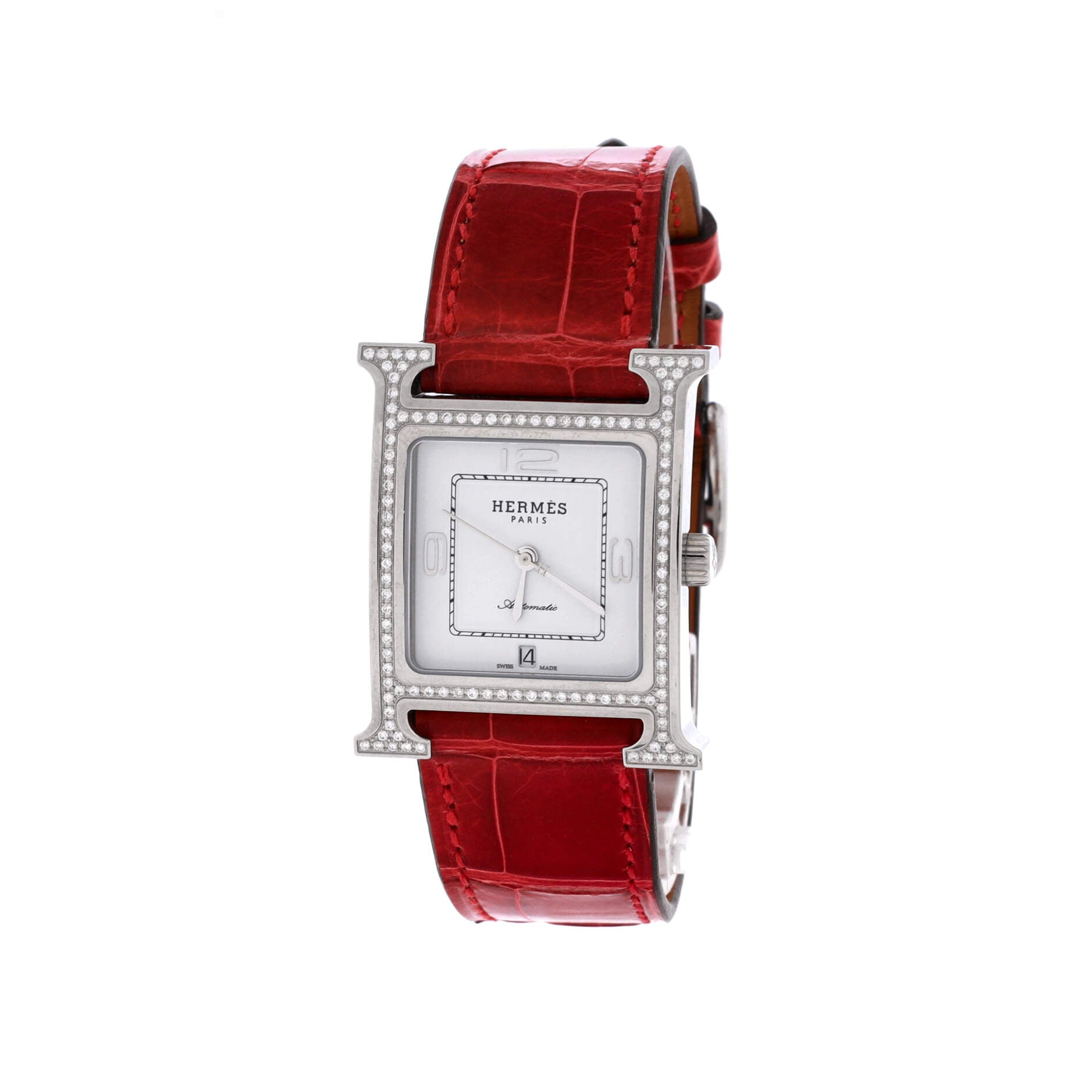 Heure H Automatic Watch Stainless Steel and Alligator with Diamond Bezel 26
