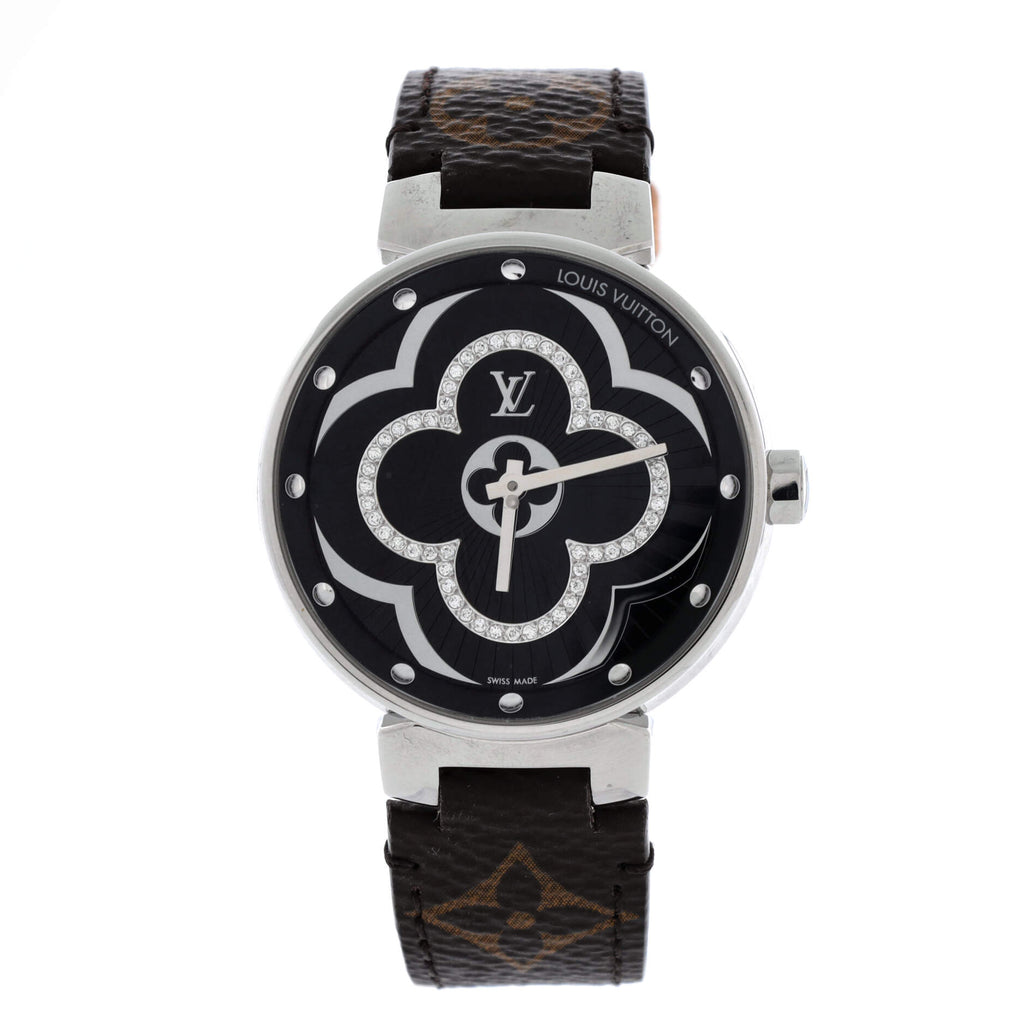 Tambour Moon Divine Quartz Watch Stainless Steel and Monogram Canvas with Diamond Markers 35