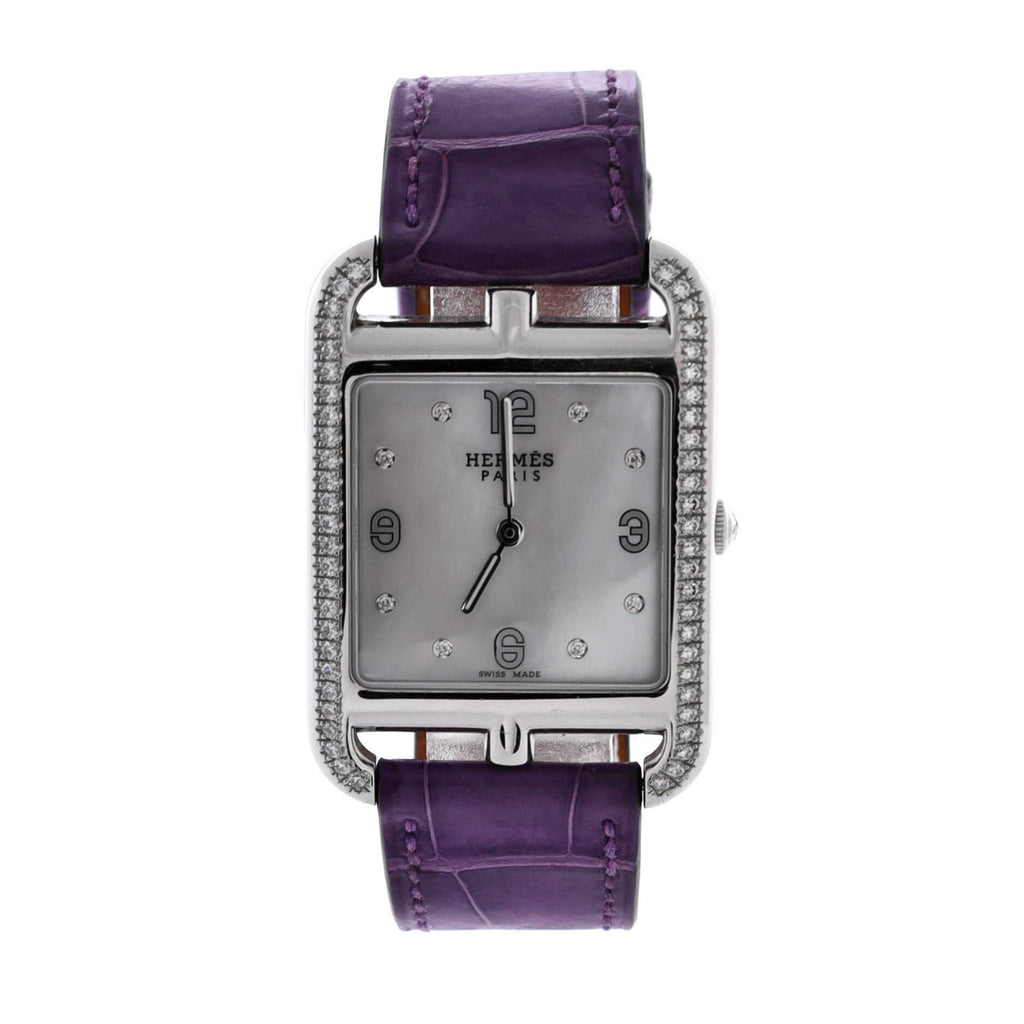 Cape Cod Quartz Watch Stainless Steel and Alligator with Diamond Bezel and Markers and Mother of Pearl 29