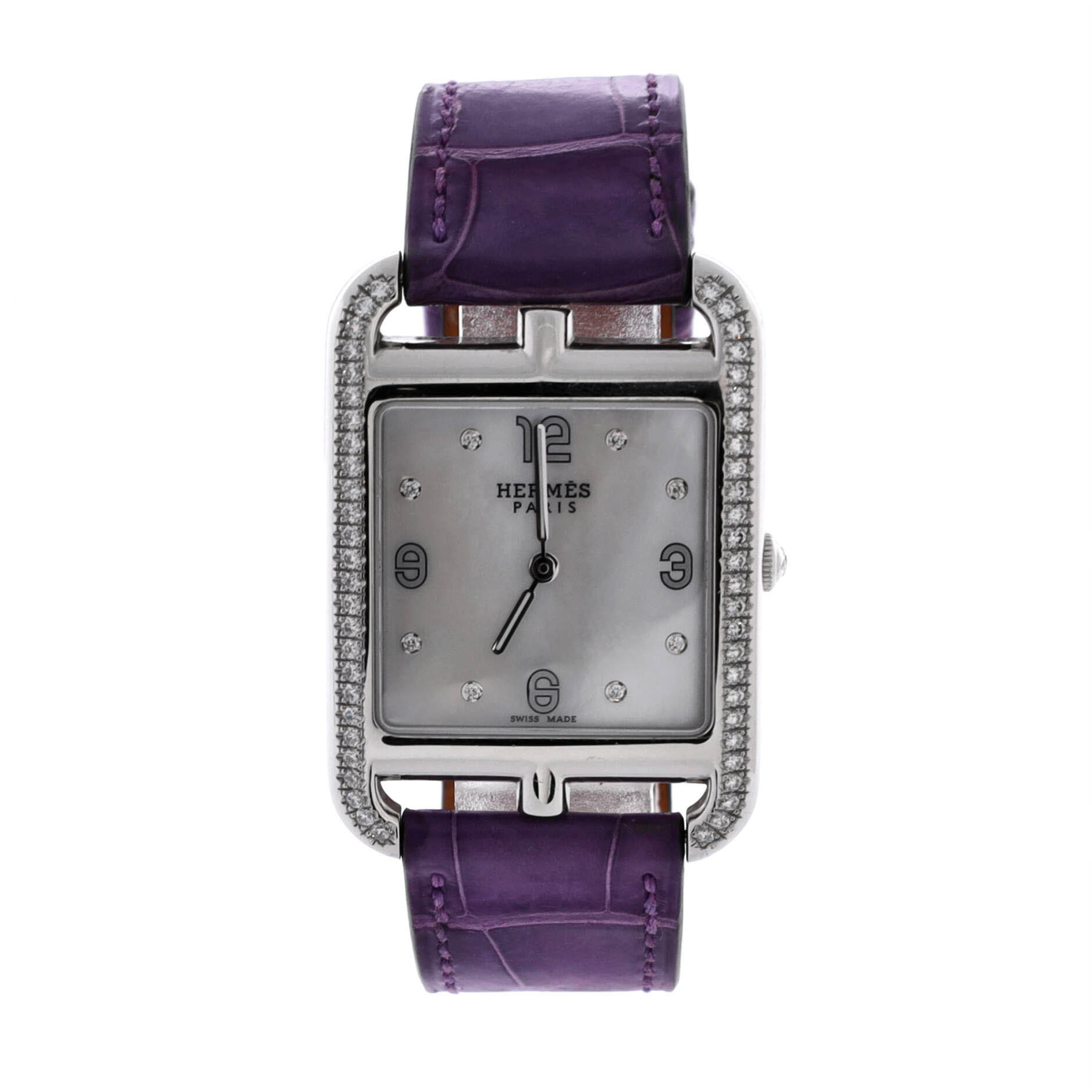Cape Cod Quartz Watch Stainless Steel and Alligator with Diamond Bezel and Markers and Mother of Pearl 29