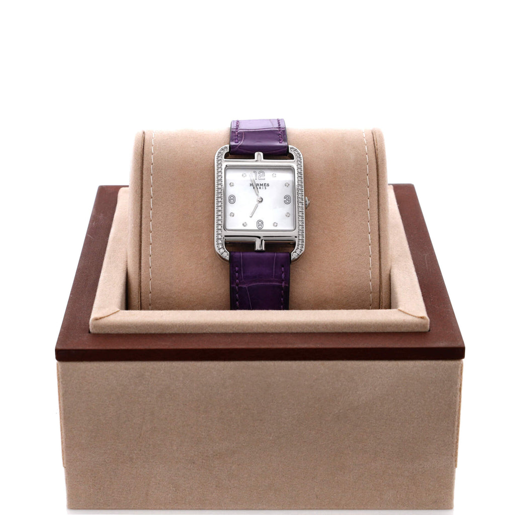 Cape Cod Quartz Watch Stainless Steel and Alligator with Diamond Bezel and Markers and Mother of Pearl 29